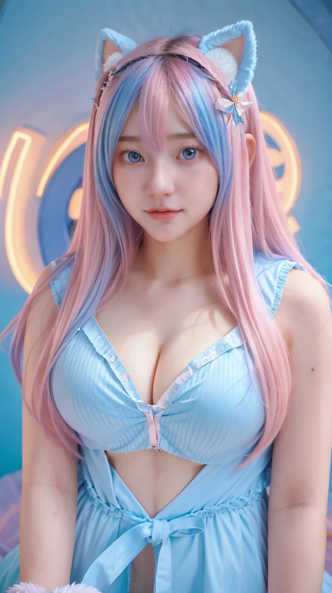 Gorgeus Girl, Beautiful, , 20 Years Old, White Skin, Colossal Breasts, ((Anime Cosplay Coatumes)), Pastel Colour, Blue Eye, Halloween Background, Masterpiece, Pink Hair, Sleeveless, Front Fancing, ((Potrait:1.1))