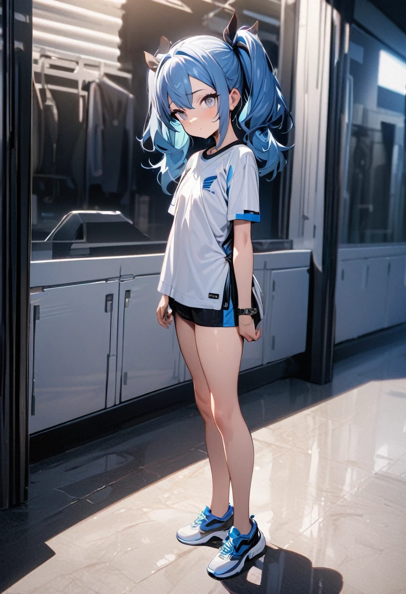Masterpiece, top quality, ultra-definition, beautiful definition, one girl, solo, 15-year-old female, standing straight, full body, short sleeves, white eyes, blue hair, big twintails