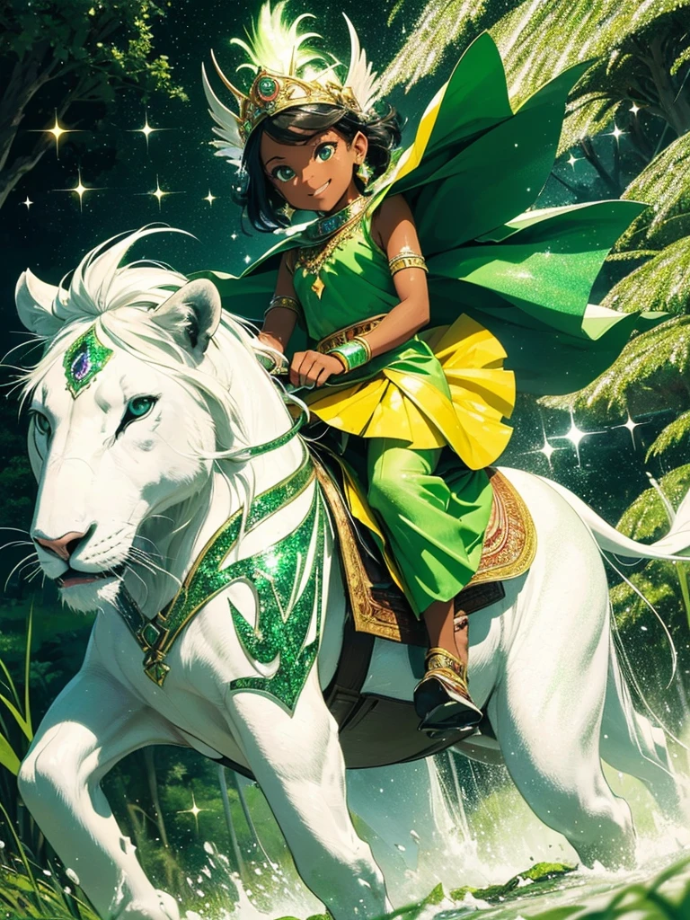 popart,flat color,(masterpiece, best quality:1.1),
(ultra highres, ultra-detailed:1.2) ,tween Girl riding white lion,tanned dark skin,detailed face,indian princess clothes,In mountains,Enjoy a stroll,thunder effects,(green sparkle:1.5) ,dynamic angle,very happy,smile,beautiful lighting, photographic portrait, sharp