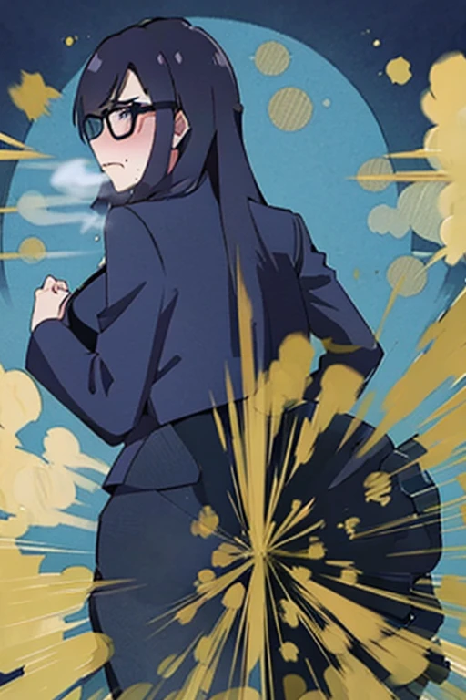 Minakata Hizuru, wearing default outfit, wearing black outfit, default hair, black hair, wearing black suits, farting, massive fart, yellow smoke, fart from ass, blush, clenching teeth, viewing ass