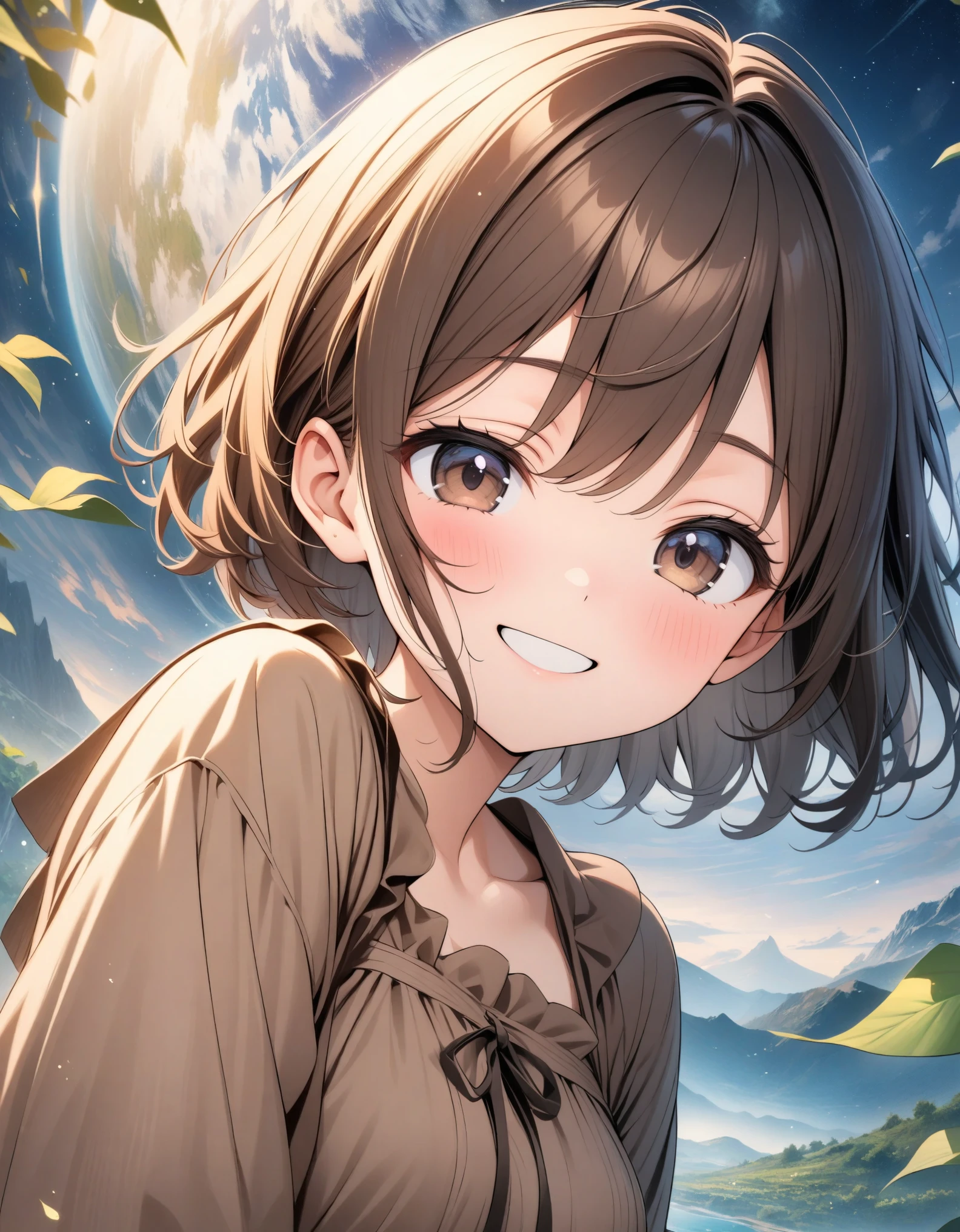 ((style:Colored pencil,pale colour)),(anime)、(masterpiece:1.2),atmospheric perspective,lens flare、Land of Earth、(Princess of the Earth)、Otherworldly fantasy、cute、Leaves are flying around、((A brown dress inspired by the earth))、Light effects、Brown Hair、Droopy eyes、Short Bob、18-year-old、((Close-up、A big smile、blush))
