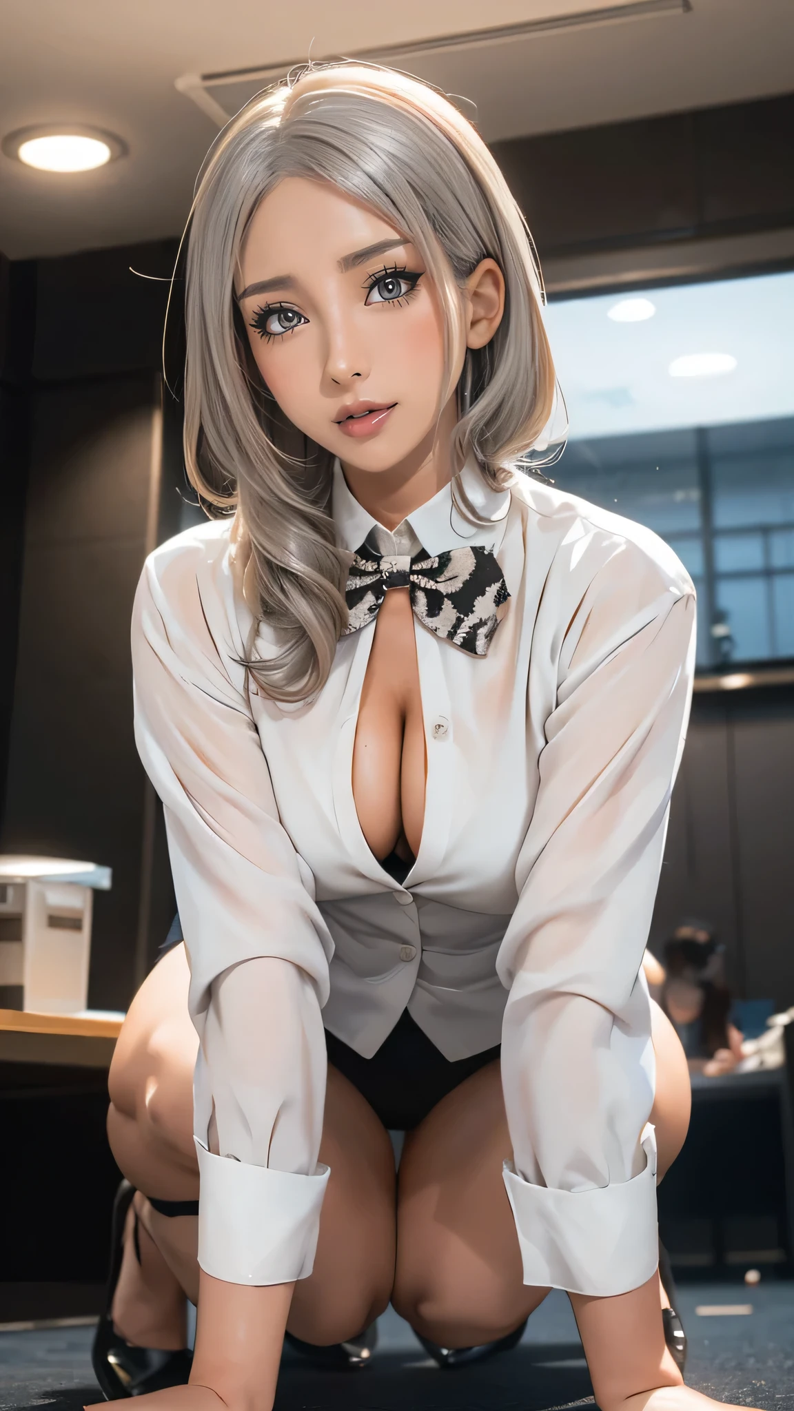 full body,(from below:1.2),squatting,open legs,(random office lady suit),silver hair,(tanned skin),(Thin type:1.8),(big breasts),(random hairstyle),(Highest image quality,(8k),ultra-realistic,best quality, high quality, high definition, high quality texture,high detail,beautiful detailed,fine detailed,extremely detailed cg,detailed texture,a realistic representation of the face,masterpiece,Sense of presence)