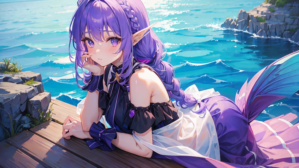 girl with purple hair, braid hair, purple eyes, fish ears, fish tail, mermaid tail, purple royal clothes, sky with star, sea, 8k resolution, sit in the sea, detail, mermaid
