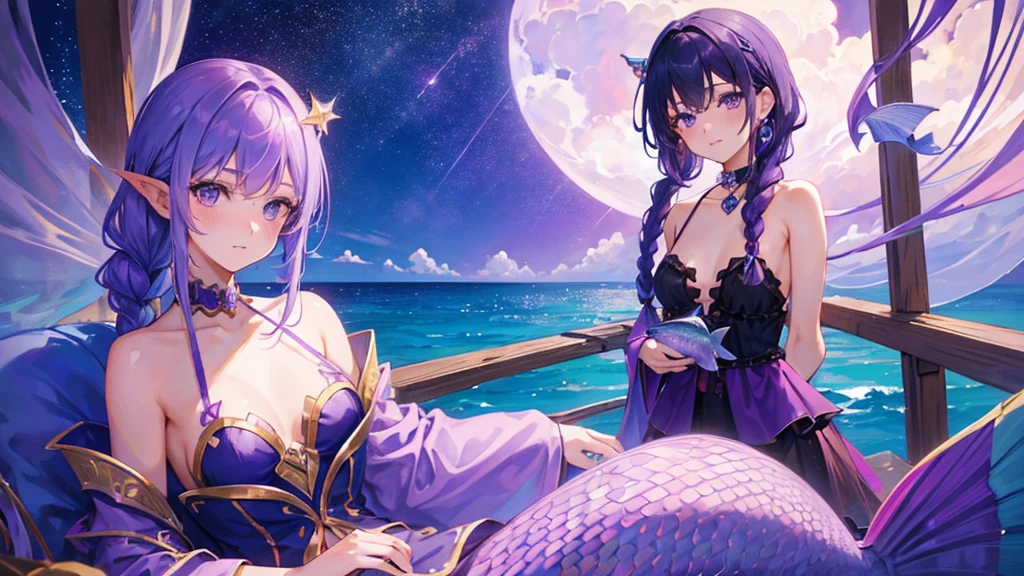 girl with purple hair, braid hair, purple eyes, fish ears, fish tail, mermaid tail, purple royal clothes, sky with star, sea, 8k resolution, sit in the sea, detail, mermaid
