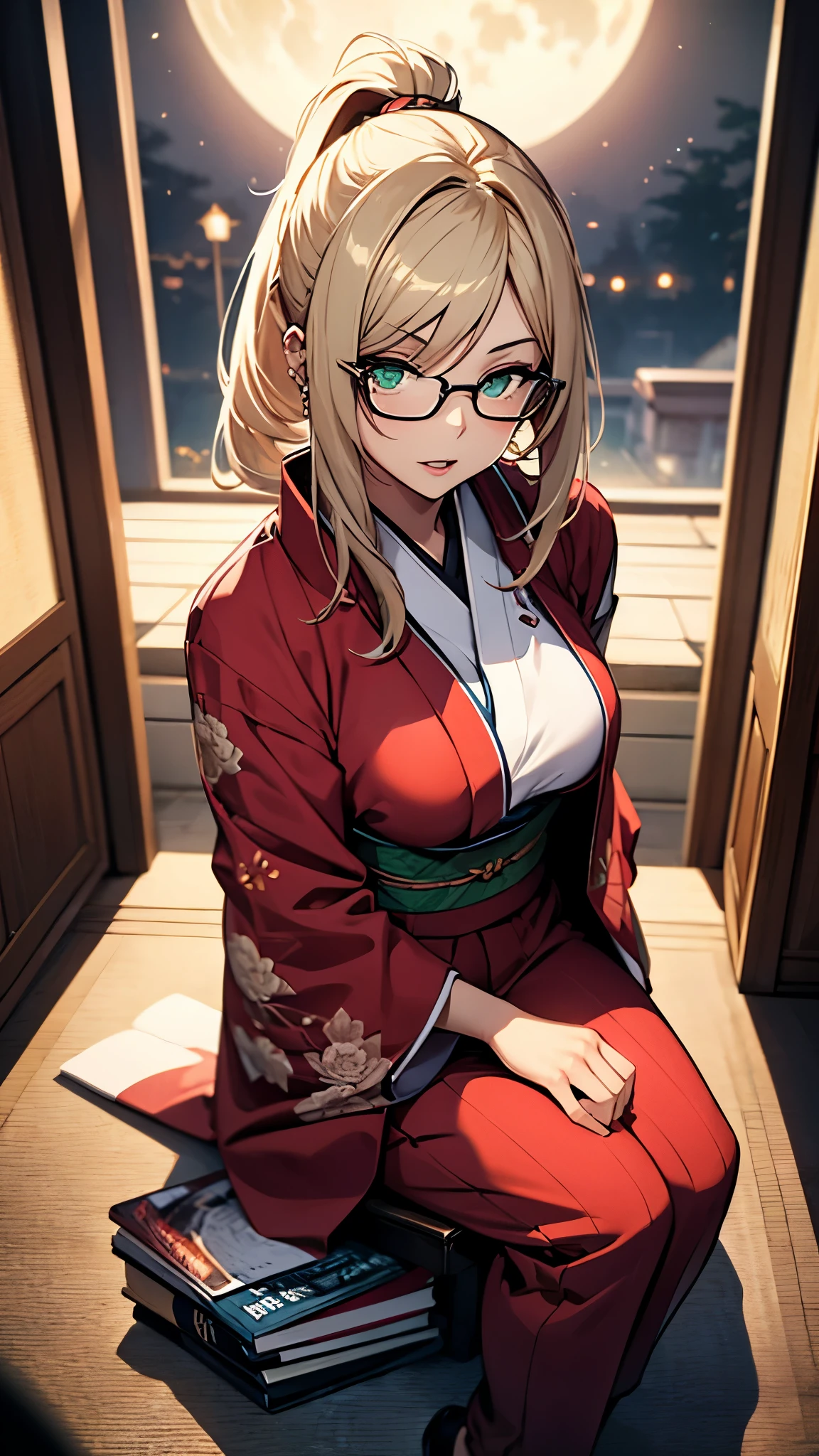 (1girl:1.3), Masterpiece, Best quality, amazing beauty, [[3D]], 4K, absurdres, finely detail, super detailed eye, perfect anatomy, official art, cinematic lighting, BREAK, bamboo, moon, silky ponytail, hime cut, ahoge, gold hair, super shiny detailed green eyes, cute eyes, thin eyebrow, Glancing Elsewhere, open-mouth, thin lips, pink lips, eyewear, piercing, Jubilant, BREAK , big breasts, tall, slim, tan skin, detailed skin, sitting, full body, from front, from above, BREAK , (she reading a book), Nishijin brocade kimono, BREAK,(Glasses)