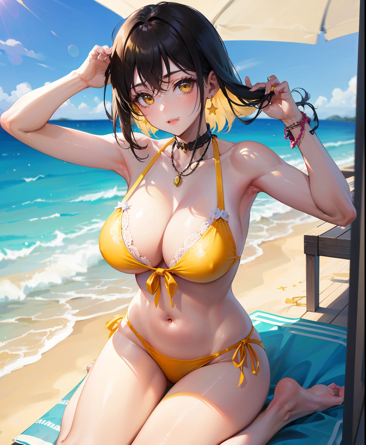 1 girl, , Dynamic posing, different poses, Arrange pose,Top quality work, Show Legs,(short golden hair),(golden eyes), Rose cheeks, Pretty Face, A perfectly proportioned face,((Yellow Crochet Monokini Swimsuit)),((Crochet Swimsuit)), sunbathing on the beach,big round breasts
