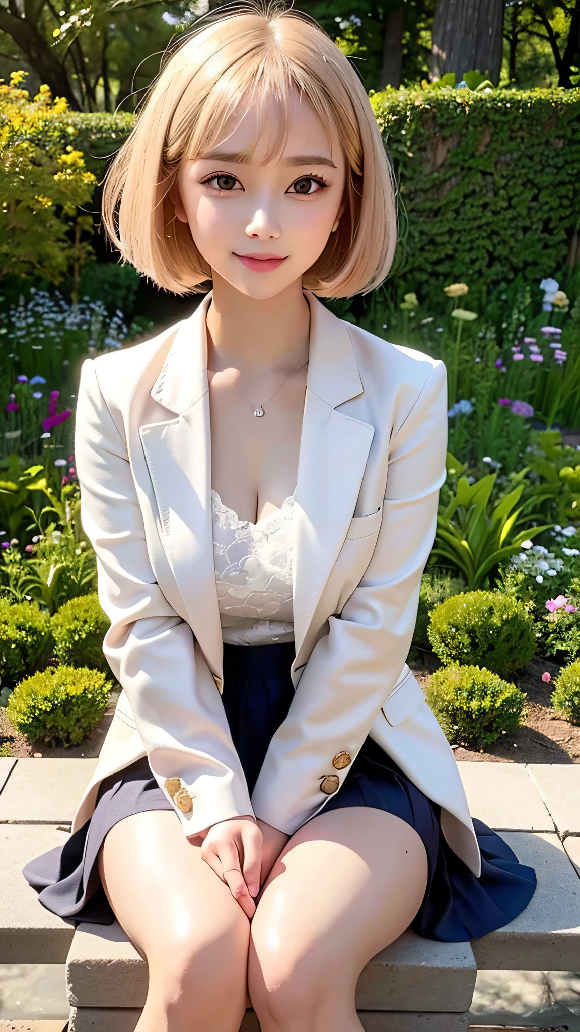 sunny day, Elegant photo of a girl in a blazer dress, (Puffy eyes:1.05), (White lace shirt), Platinum brown hair, (Angled Bob:1.4), Flat bangs, (Flowing hair), smile, Happy, happiness, Skin with attention to detail, Skin pores, A beautiful innocent symmetrical face, Long eyelashes, Black eyeliner, Light gold eyeshadow,(Sit on a bench), Crossed_feet, Emotional, Wind, garden, wood, Grass, masterpiece, highest quality, Realistic,Bobcut