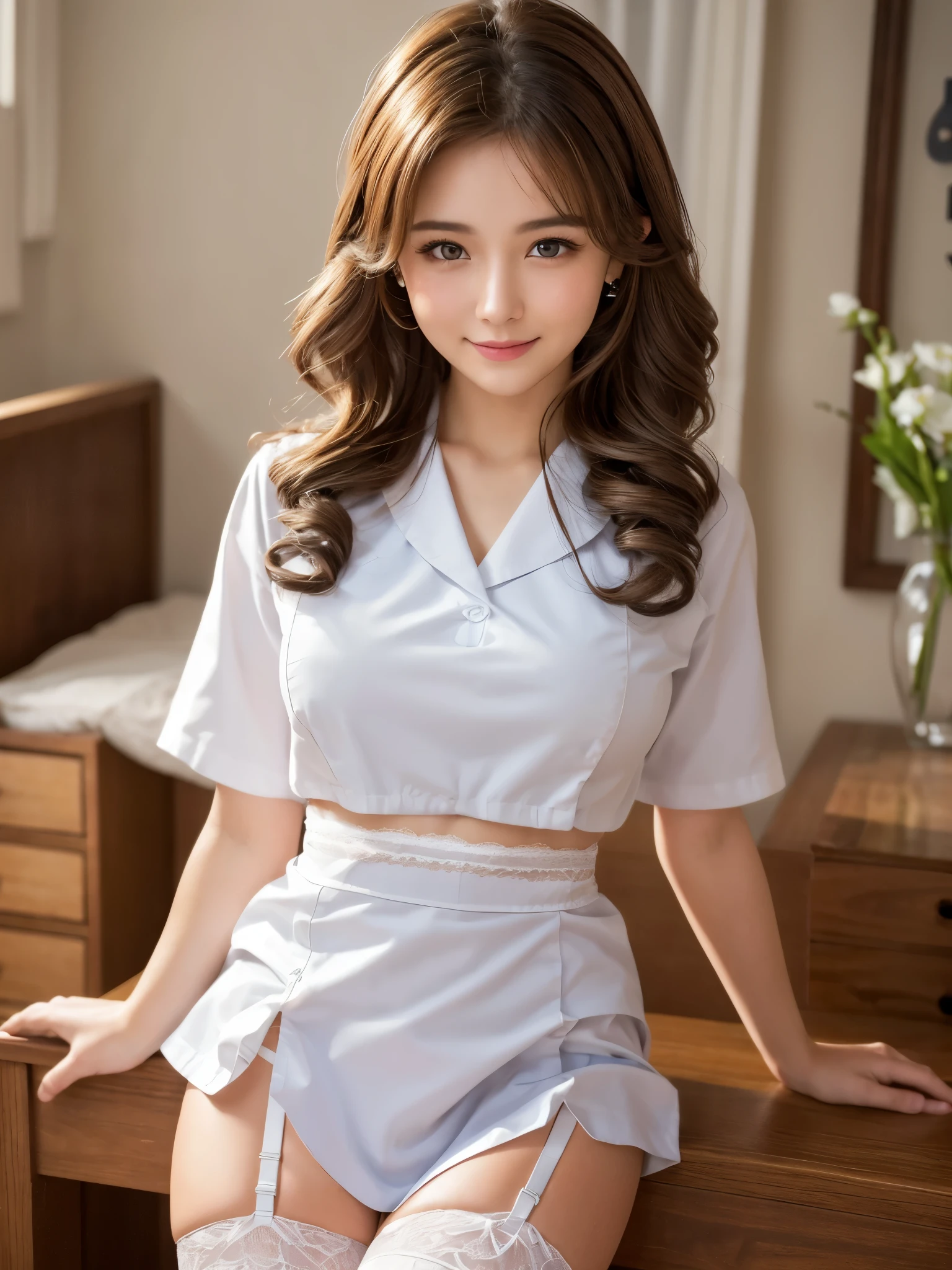 （Realistic:1.2）,(Masterpiece,highest quality)，8k,((One Woman)),20-year-old,Tight waist,Big Hips,Perfect Anatomy, Brown Hair, Wavy Hair,Random Hairstyles,Big beautiful breasts,((Highly detailed face and eyes))(Cute Face:1.4)，Beautiful actress face，Perfect golden ratio face，Women、Random sexy poses，smile、(garter belt、White micro mini nurse uniform)