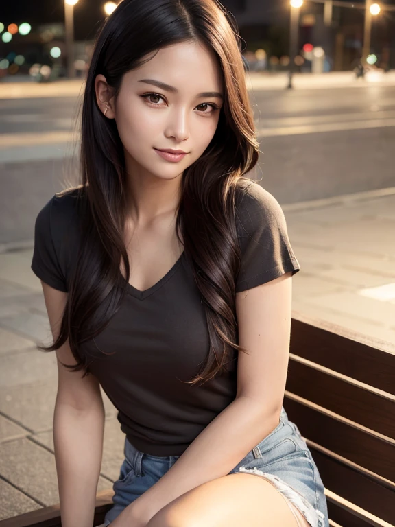 masterpiece, highest quality, High resolution,alone,Brown,artistic,Best lighting,casual,Flat Chest,Beautiful Face,expensive,smile,light makeup,Age 24,Calm woman,Detailed Hair,Laughing woman,Face Focus,Forehead,Wavy Hair,A woman wearing shorts,woman sitting on a bench,night