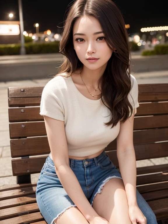 masterpiece, highest quality, High resolution,alone,Brown,artistic,Best lighting,casual,Flat Chest,Beautiful Face,expensive,smile,light makeup,Age 24,Calm woman,Detailed Hair,Laughing woman,Face Focus,Forehead,Wavy Hair,A woman wearing shorts,woman sitting on a bench,night