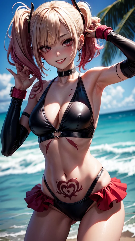 tattoo girl, very beautiful, murderous, Harley Quinn, crazed look, dark background, 8K, dynamic wallpaper, very delicate, very dense, creepy smile, close up to camera, dripping red one piece swimsuit, red sky beach background, hands on hips