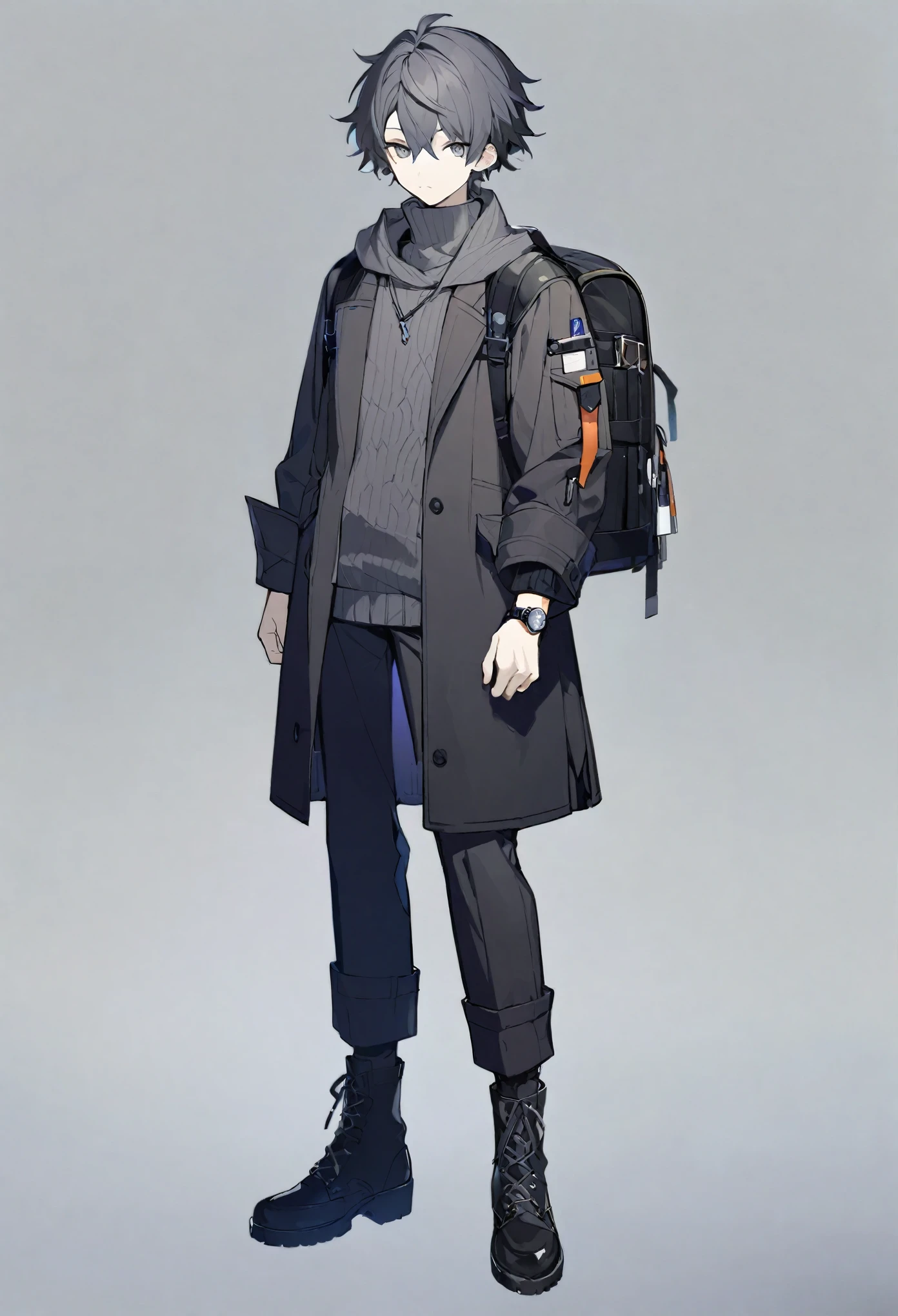 One boy,high school ,whole body,Are standing,Dynamic,Concept Art,Dark grey turtleneck sweater,A cut-and-sew top with a nice texture,Slim fit chinos,Black leather boots,wristwatch black backpack,Height and length 180cm,Iris,Shortcuts,Bangs are a little long,Fair skin,Dark colored long coat,Arknights Wind,