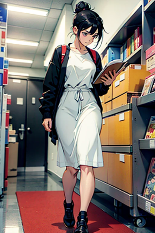 Anime girl with black hair in a bun, reading, full body shots, manga page with panels and dialogue