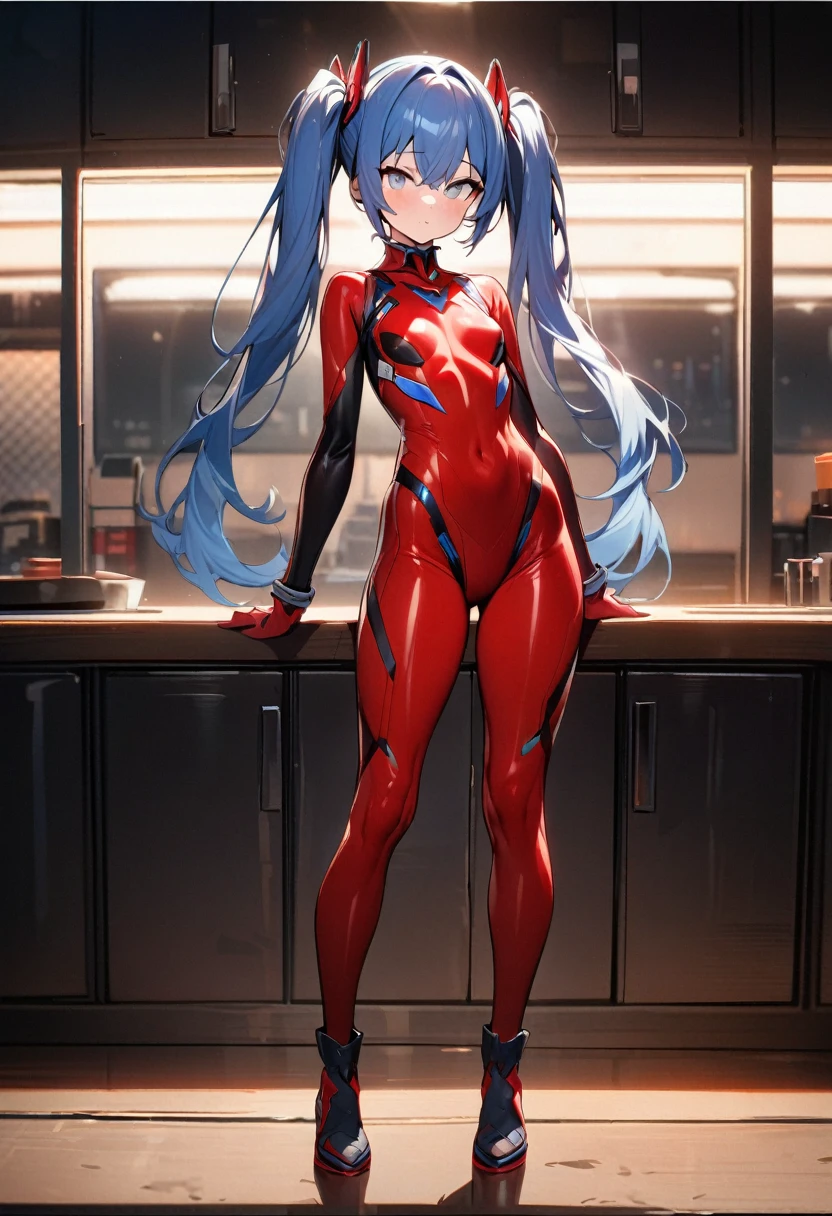 Masterpiece, top quality, ultra-definition, beautiful definition, one girl, solo, 15-year-old female, standing straight, full body, red body suit, white eyes, blue hair, big twintails