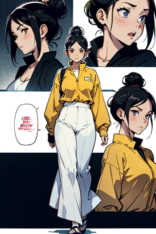 Anime girl with black hair in a bun, singing, full body shots, manga page with panels and dialogue