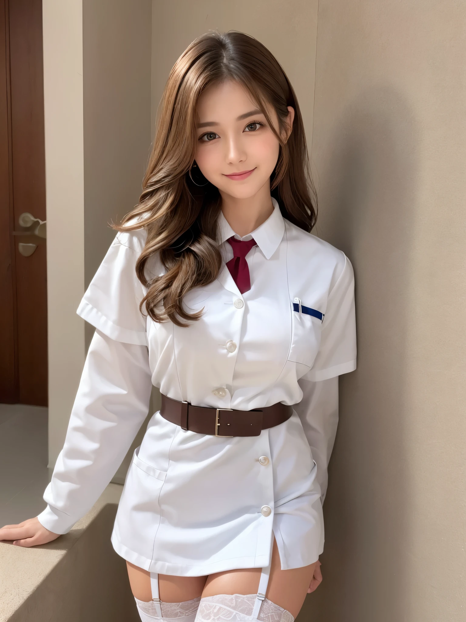 (Realistic:1.2),(Masterpiece,highest quality),8k,((One Woman)),20-year-old,Tight waist,Big Hips,Perfect Anatomy, Brown Hair, Wavy Hair,Random Hairstyles,Big beautiful breasts,((Highly detailed face and eyes))(Cute Face:1.4),Beautiful actress face,Perfect golden ratio face,Women、Random sexy poses,smile、(garter belt、White micro mini nurse uniform)