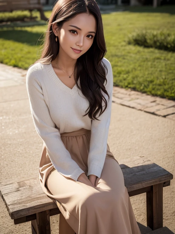 masterpiece, highest quality, High resolution,alone,Brown,artistic,Best lighting,casual,Flat Chest,Beautiful Face,expensive,smile,light makeup,Age 24,Calm woman,Detailed Hair,Woman with a big smile,Face Focus,Forehead,Wavy Hair,Woman in long skirt,woman sitting on a bench,night