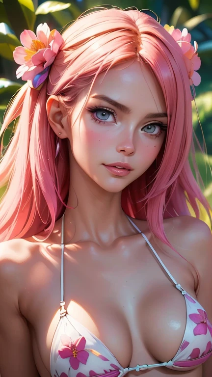 (best quality, 8k, 32k, masterpiece, UHD:1.2), highres, sharp focus, detailed outfit, absurdres, key visual, beautiful detailed hair, delicate details, (((portrait, RAW, pixiv, anime)), 1girl, Heidi Klum, Floral Delight: A feminine bikini adorned with a colorful array of flowers, creating a fresh and lively vibe. ultra detail, vibrant colors, girl, masterpiece, sharp focus, best quality, depth of field, cinematic lighting, correct anatomy