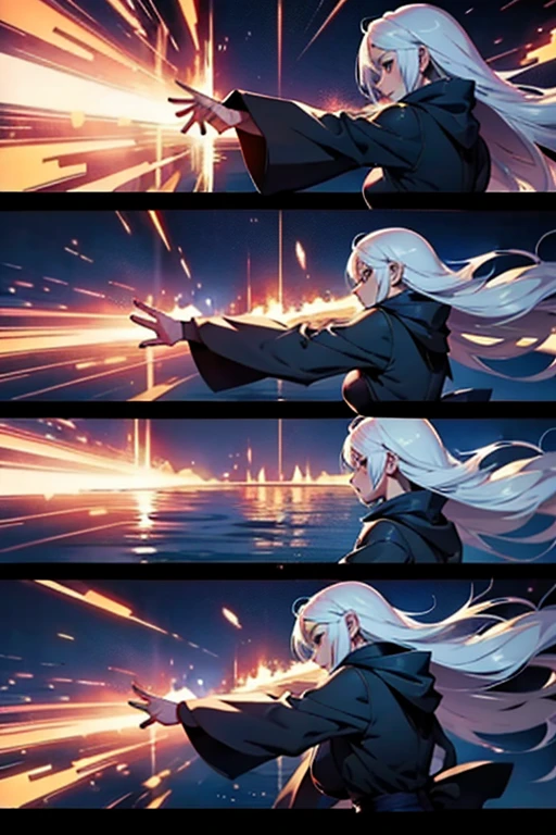 Anime girl with long white hair, fighting with magic, full body shots, manga page with panels and dialogue 