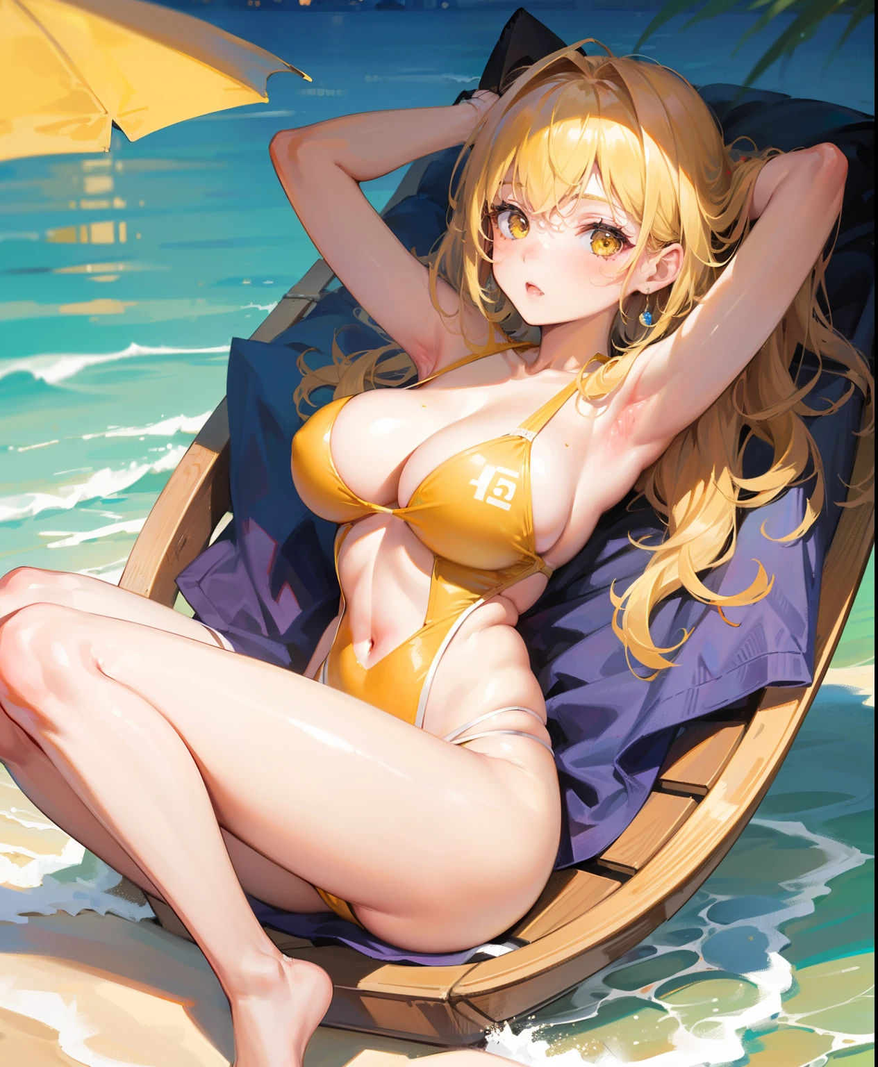 1 girl, , Dynamic posing, different poses, Arrange pose,Top quality work, Show Legs,(short golden hair),(golden eyes), Rose cheeks, Pretty Face, A perfectly proportioned face,((Yellow Crochet Monokini Swimsuit)),((Crochet Swimsuit)), sunbathing on the beach,big round breasts