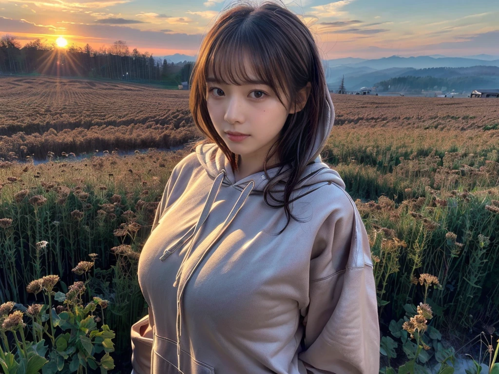 ((top-quality、8K、masterpiece:1.3))、1girl in、Beautiful woman standing on snowy mountain:1.3、(brown long-haired、Colossal tits:1.4)、(Big Silhouette M51 Field Hoodie:1.5)、Super delicate face、Delicat eyes、double eyelid、Close-up of upper body from below、Sunset、