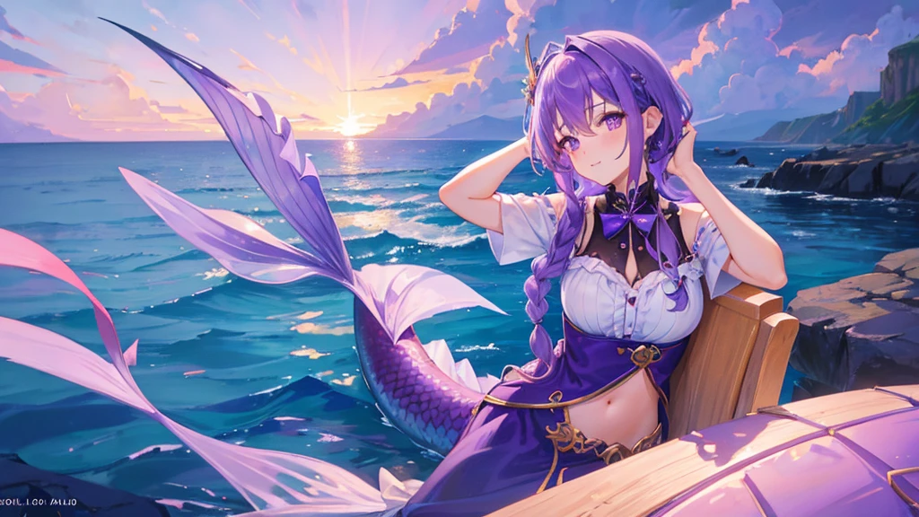 girl with purple hair, braid hair, purple eyes, fish ears, fish tail, mermaid tail, purple royal clothes, sky with star, sea, 8k resolution, sit in the sea, detail, mermaid