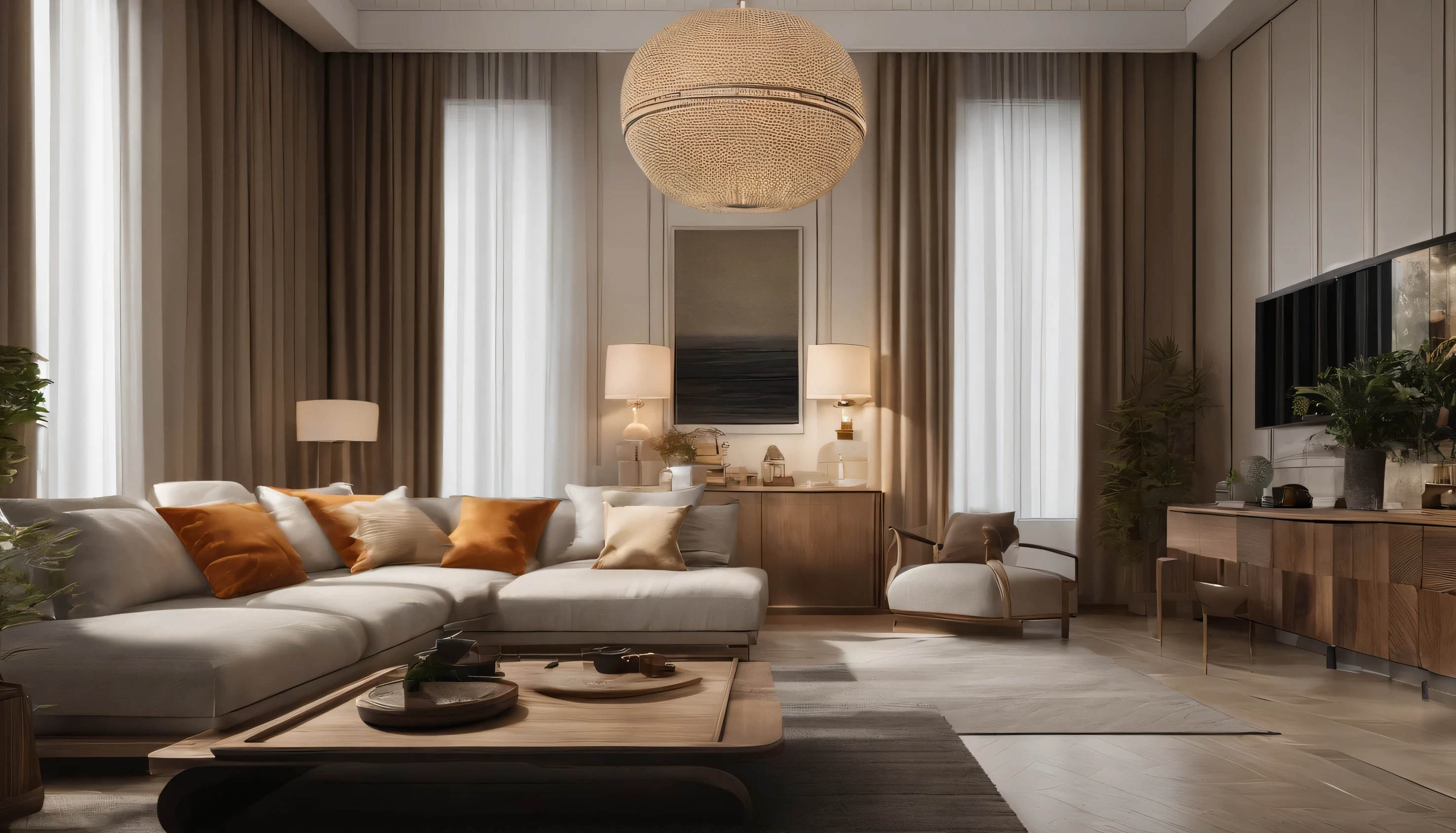 Describe a luxurious living room with the following features: high-quality, precise, and beautiful design. The wallpaper is a vibrant orange color, and the floor is covered with a white rug. The curtains and cushions are also orange in color. The room has a 1-story Pakira (a type of Japanese room divider) and a poster of the sea on the wall. Additionally, there is a stand lamp and the overall atmosphere is urban and sophisticated, similar to a modern tower apartment building. Please provide a detailed and accurate description of this room, including its layout and decorations.