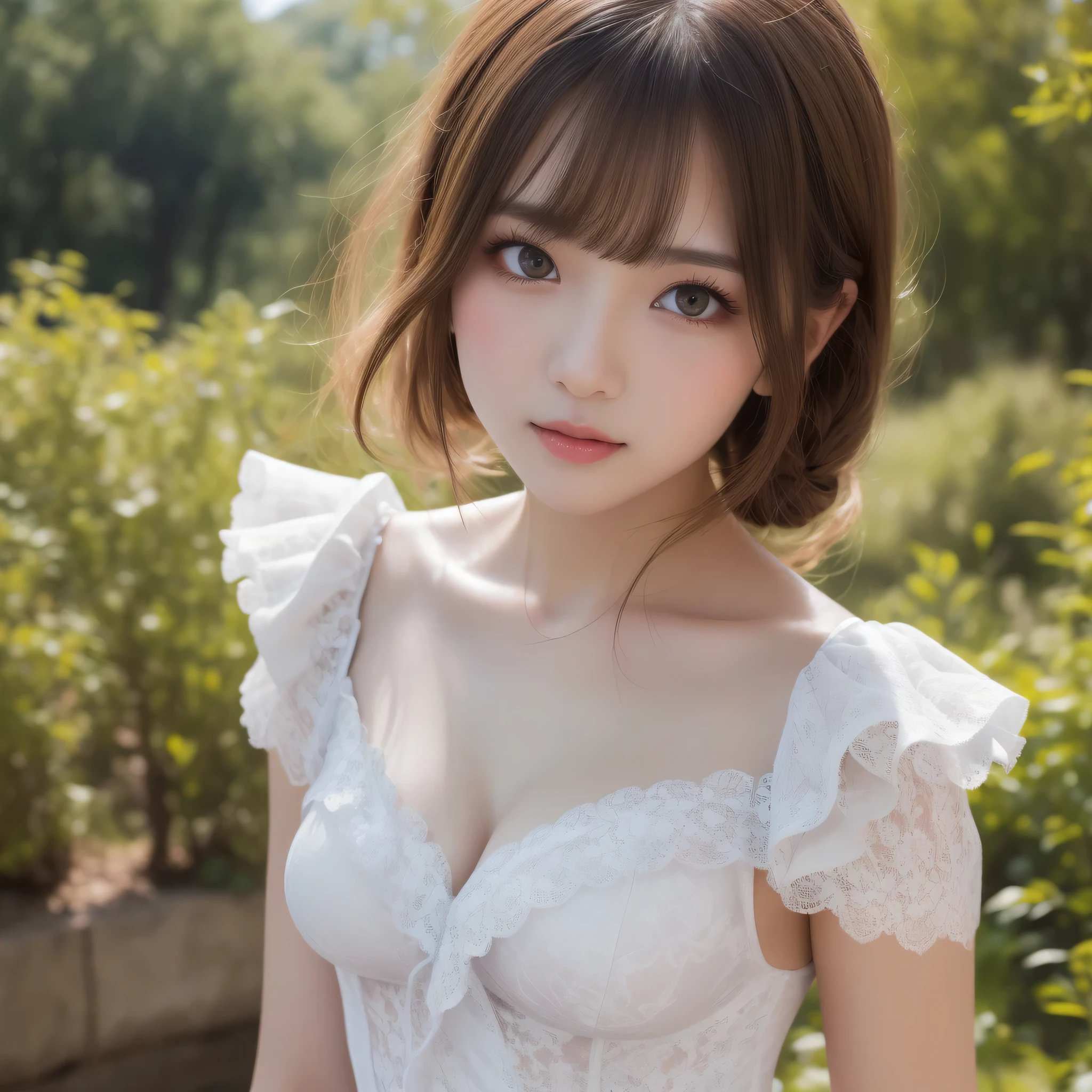 (kawaii face, amazing flat breasts), (Beautiful frills and lace costumes:1.3), Ultra High Definition, Superior Quality, Premier Quality, ultra detailed, Photorealistic, 8k, RAW Photos, highest quality, masterpiece, professional photography, Realistic portrait, Beautiful detailed, Close up portrait of girl, Outdoors, beautiful sight, beautiful scenery, (natural scenery), (Fine face:1.2),