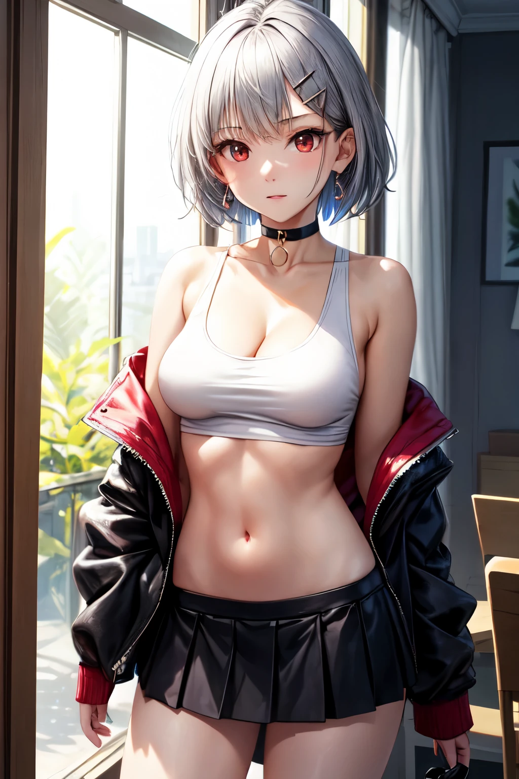 top topless and a skirt that is short swimsuit hybrid, urtla beautiful (top topless and a skirt that is short),an anime woman in black and white dress and gray hair and a tank top next to a window, 1girl, breasts, jewelry, jacket, red eyes, navel, looking at viewer, solo, short hair, black jacket, hair ornament, open jacket, choker, black choker, off shoulder, earrings, dog, open clothes, bare shoulders, collarbone, stomach, cleavage, medium breasts, hairclip, halterneck