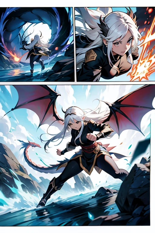 Anime girl with long white hair, fighting a dragon, full body shots, manga page with panels and dialogue