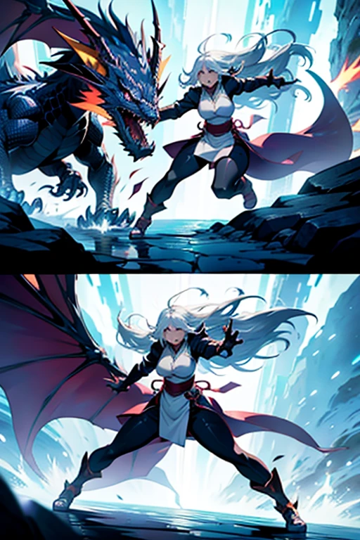 Anime girl with long white hair, fighting a dragon, full body shots, manga page with panels and dialogue