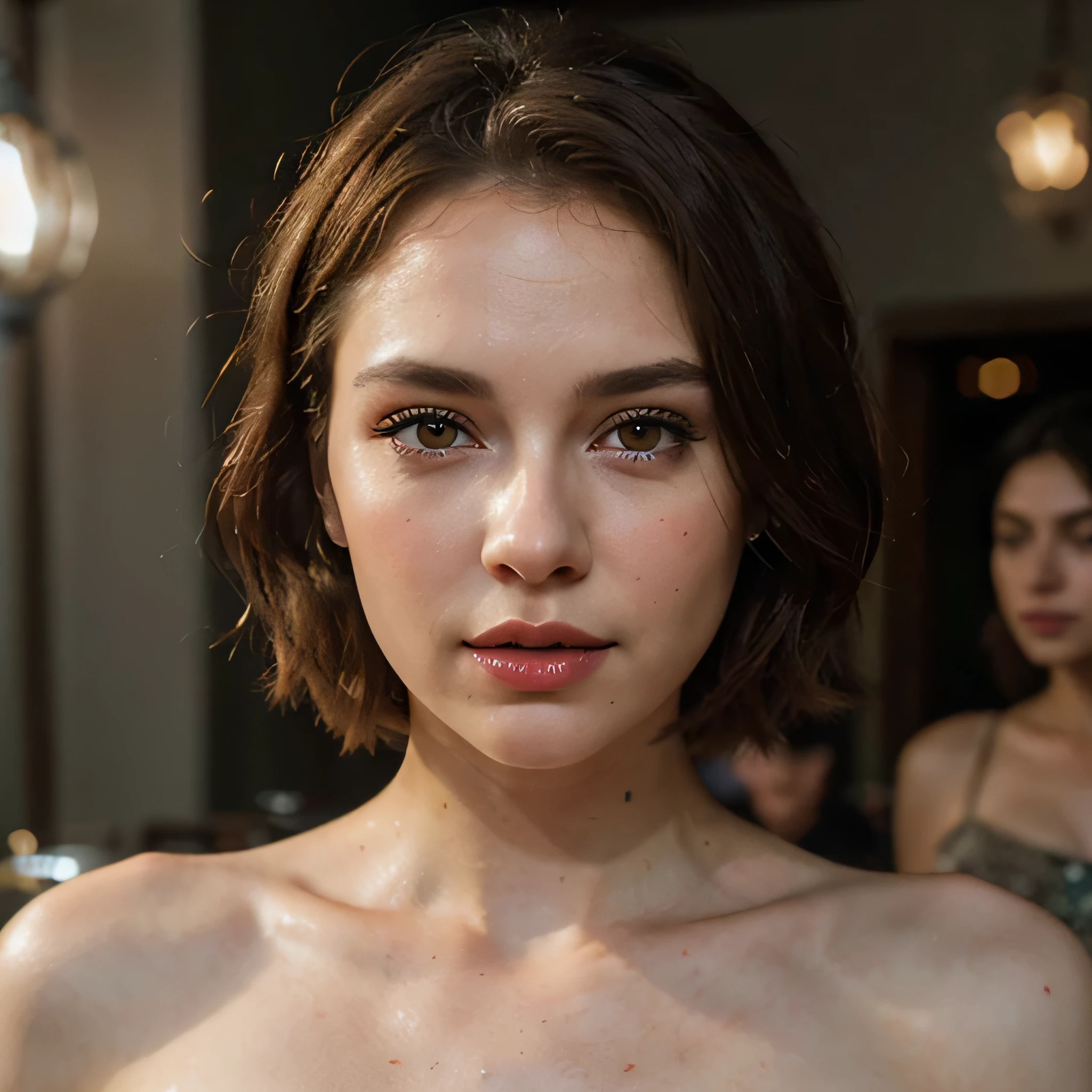 a white woman with short brown hair, beautiful detailed eyes, beautiful detailed lips, extremely detailed face, longeyelashes, slapping her shoulders, greenish eyes, big red lips, photorealistic, 8k, hyper detailed, masterpiece, dramatic lighting, cinematic, fantasy, dramatic, elegant, ethereal, soft lighting