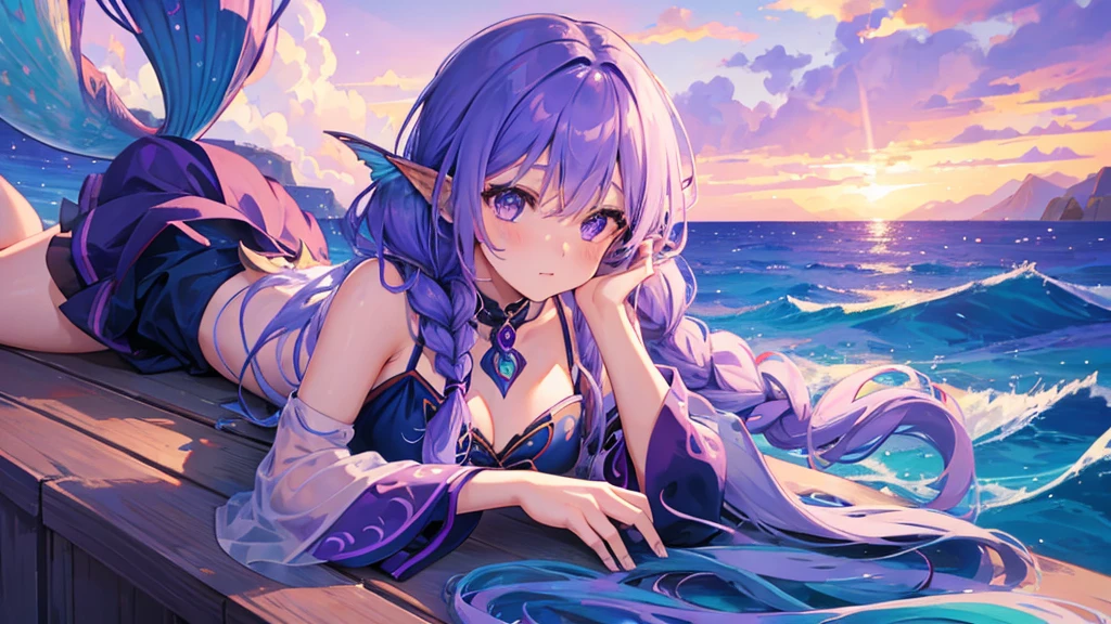 girl with purple hair, braid hair, purple eyes, fish ears, fish tail, mermaid tail, purple royal clothes, sky with star, sea, 8k resolution, sleep in the sea, detail, mermaid
