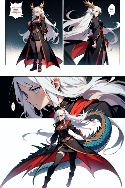 Anime girl with long white hair, killing a dragon, full body shots, manga page with panels and dialogue