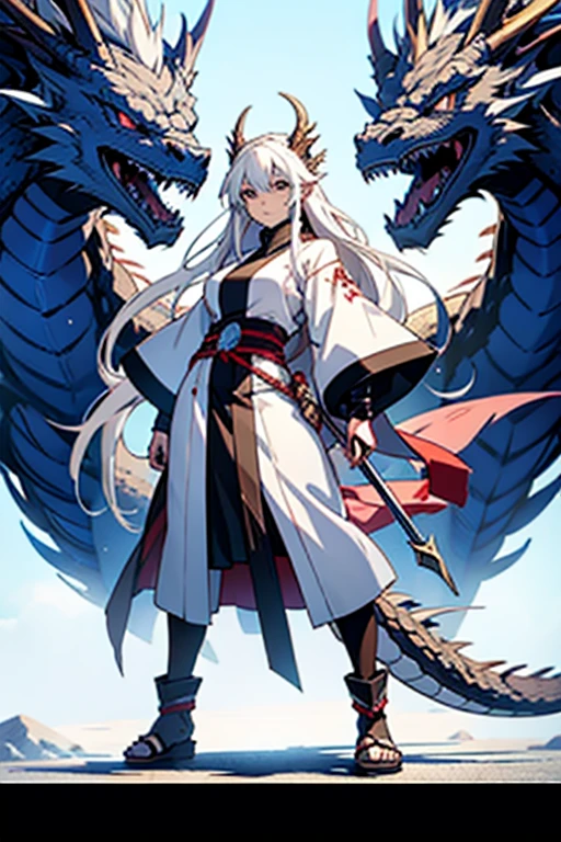 Anime girl with long white hair, killing a dragon, full body shots, manga page with panels and dialogue