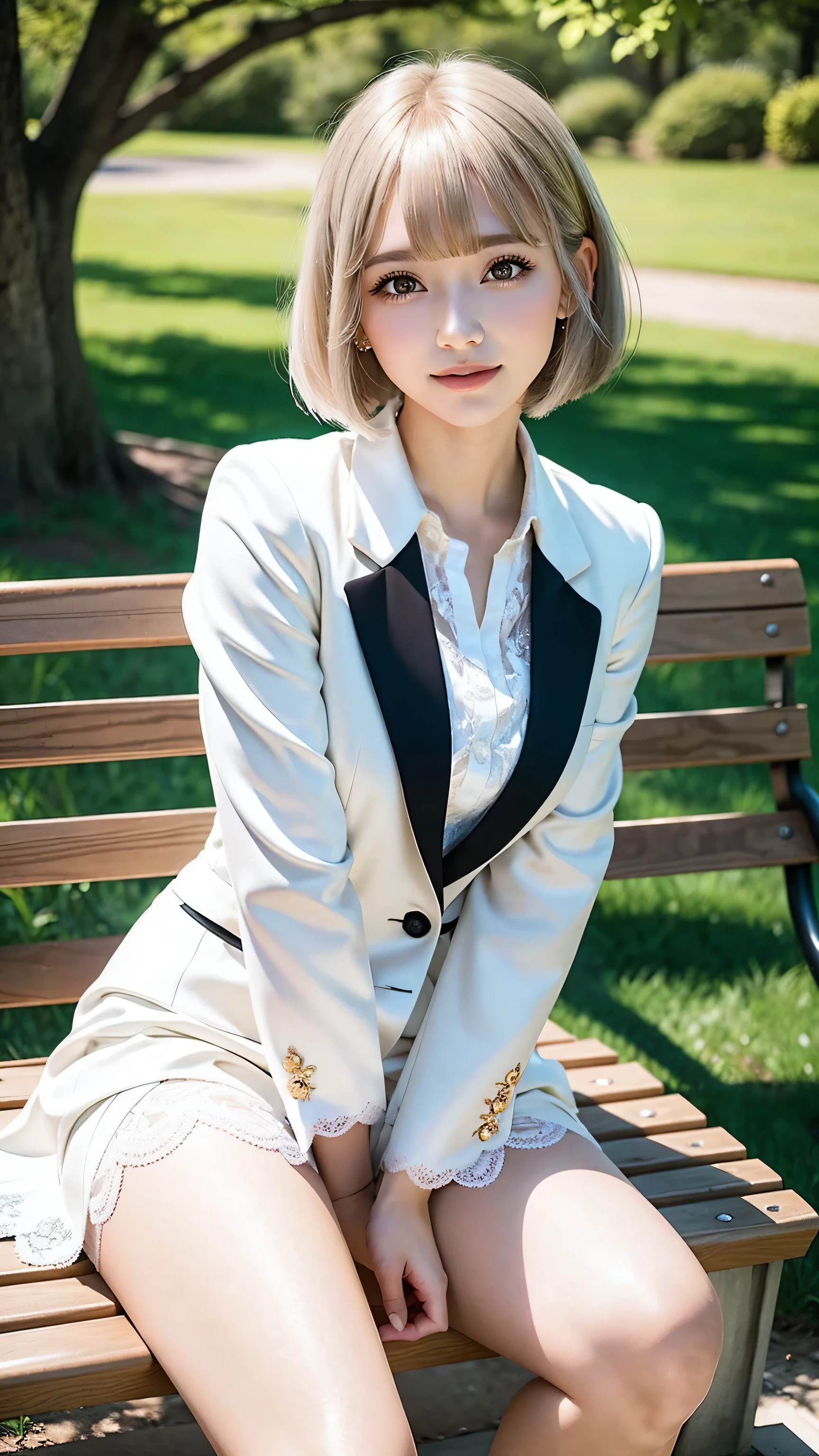 sunny day, Elegant photo of a girl in a blazer dress, (Puffy eyes:1.05), (White lace shirt), Platinum brown hair, (Angled Bob:1.4), Flat bangs, (Flowing hair), smile, Happy, happiness, Skin with attention to detail, Skin pores, A beautiful innocent symmetrical face, Long eyelashes, Black eyeliner, Light gold eyeshadow,(Sit on a bench), Crossed_feet, Emotional, Wind, garden, wood, Grass, masterpiece, highest quality, Realistic,Bobcut