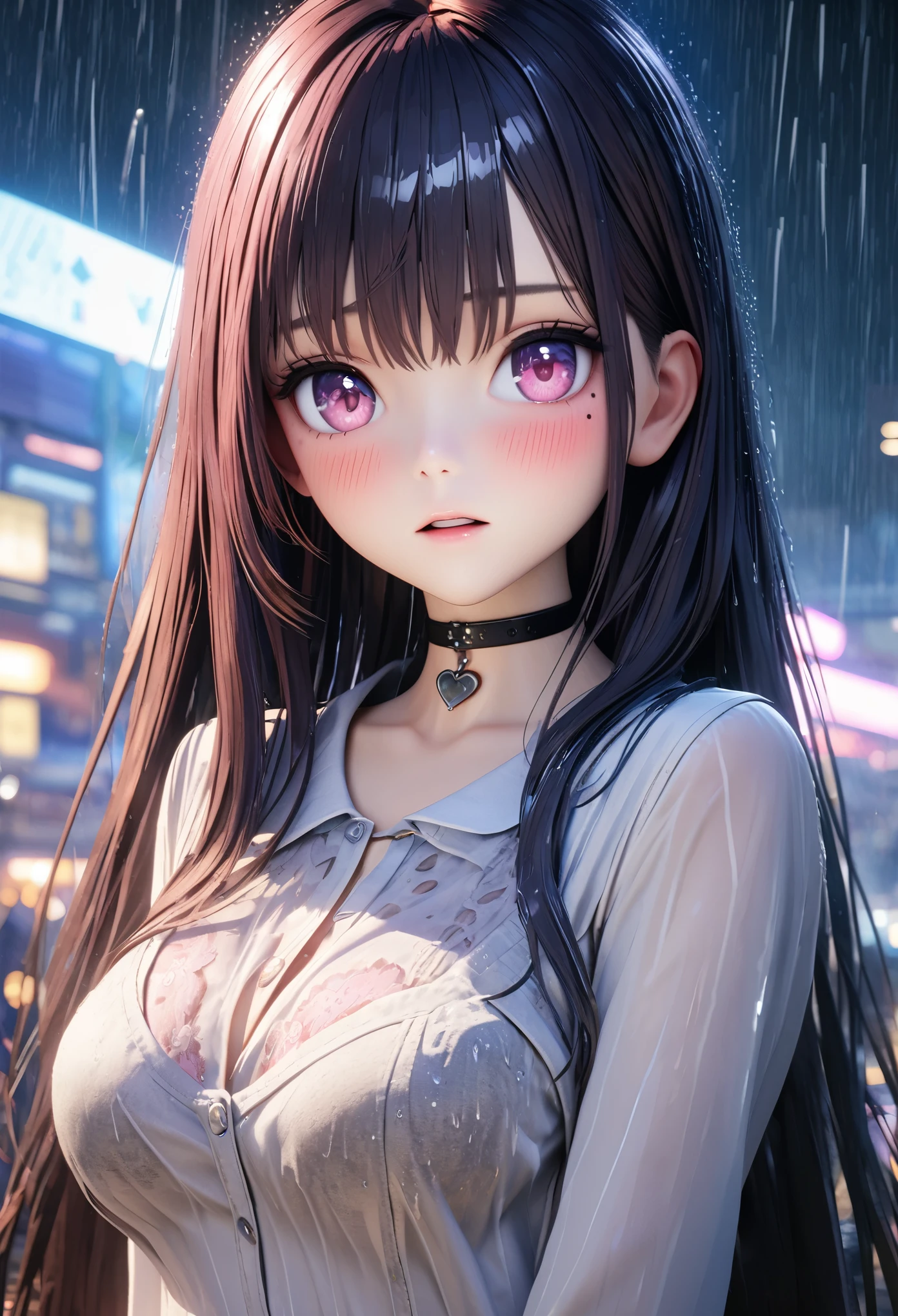 masterpiece, best quality, very detailed, high resolution, expensive resolution, high resolution, 4K, 8k, Unity 8k wallpaper, highly detailed CG, masterpiece, 2D, 3D, beautiful details, depth, fine texture, best quality: 1.3, perfect focus, crisp skin, him,rain, wet, wet closhes : 1.2
very cute anime girl, (bra showing through white blouse soaked in pouring rain), large breasts, expensive Black short hair, one girl, rain, (raindrops dripping from soaked hair, bra showing through thin blouse soaked in rain), mole under eye, looking at viewer, expensive, blush, mole, open lips, heart, pink eyes, choker white transparent bra