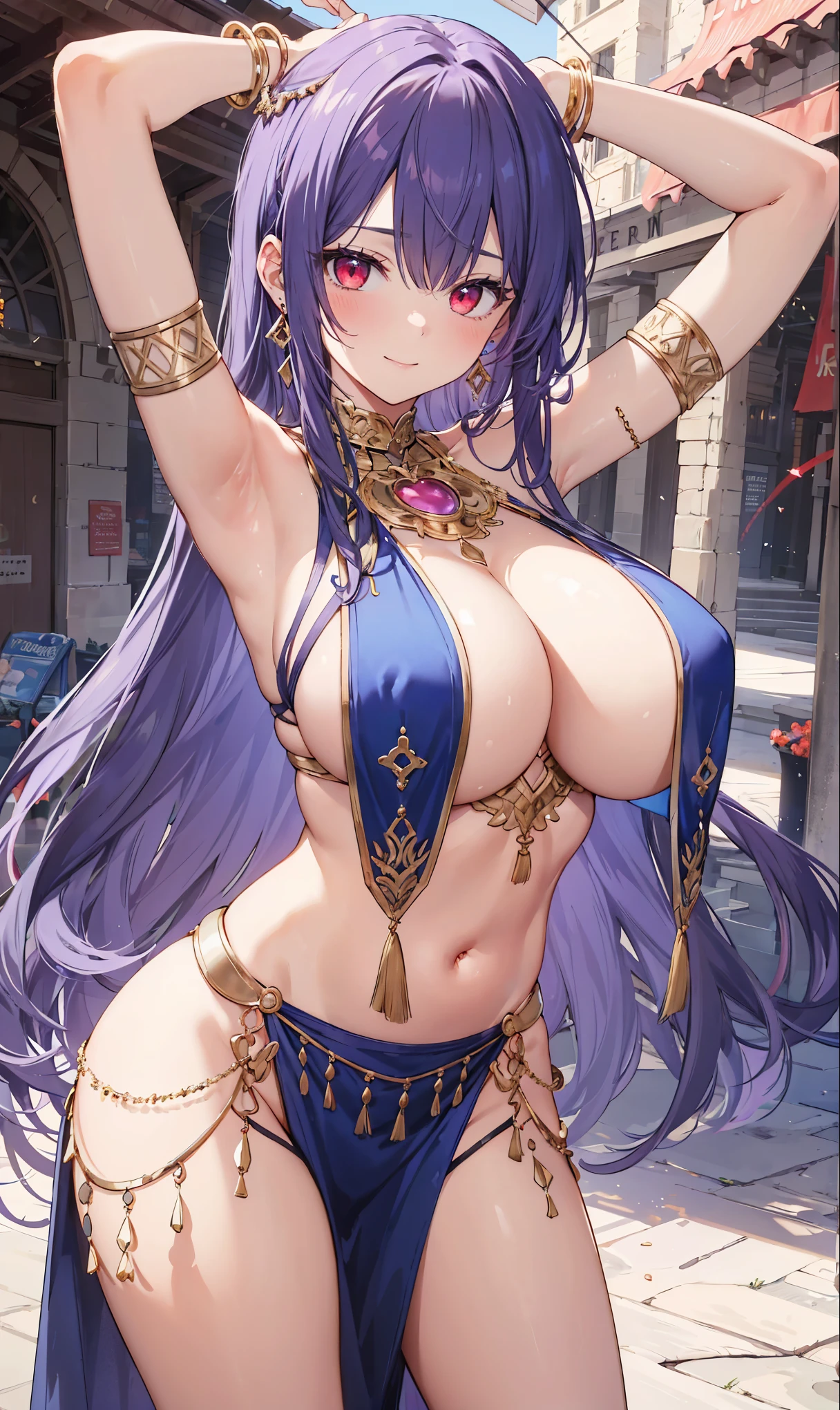 high quality, ultra detailed, best quality, insanely detailed, beautiful, masterpiece, 1girl, medieval plaza, cowboy shot, red eyes, long hair, purple hair, belly dancer, circlet, earrings, armlets, bracelets, bashful smile, large breasts, cleavage, soft stomach