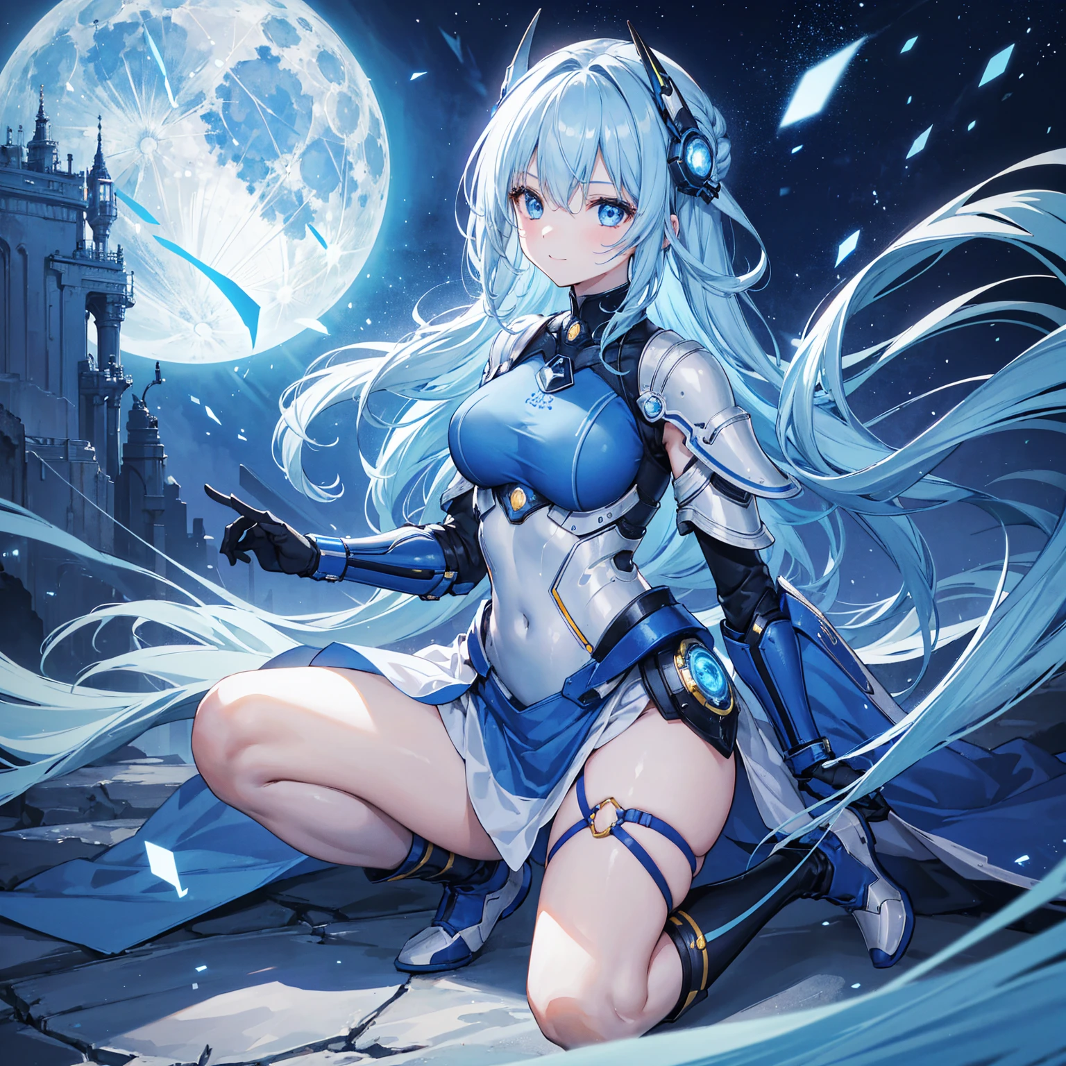 8k, highest quality, (real:1.4), Original photo, 1 girl, Asari Hair, Biological Amplifier, refined armor, posture: Peace talks between warring factions, smart blue eyes,A modest smile、Knee-high boots、Blue big moon and blue light swirl in the background、Blue light from behind、blue light magic