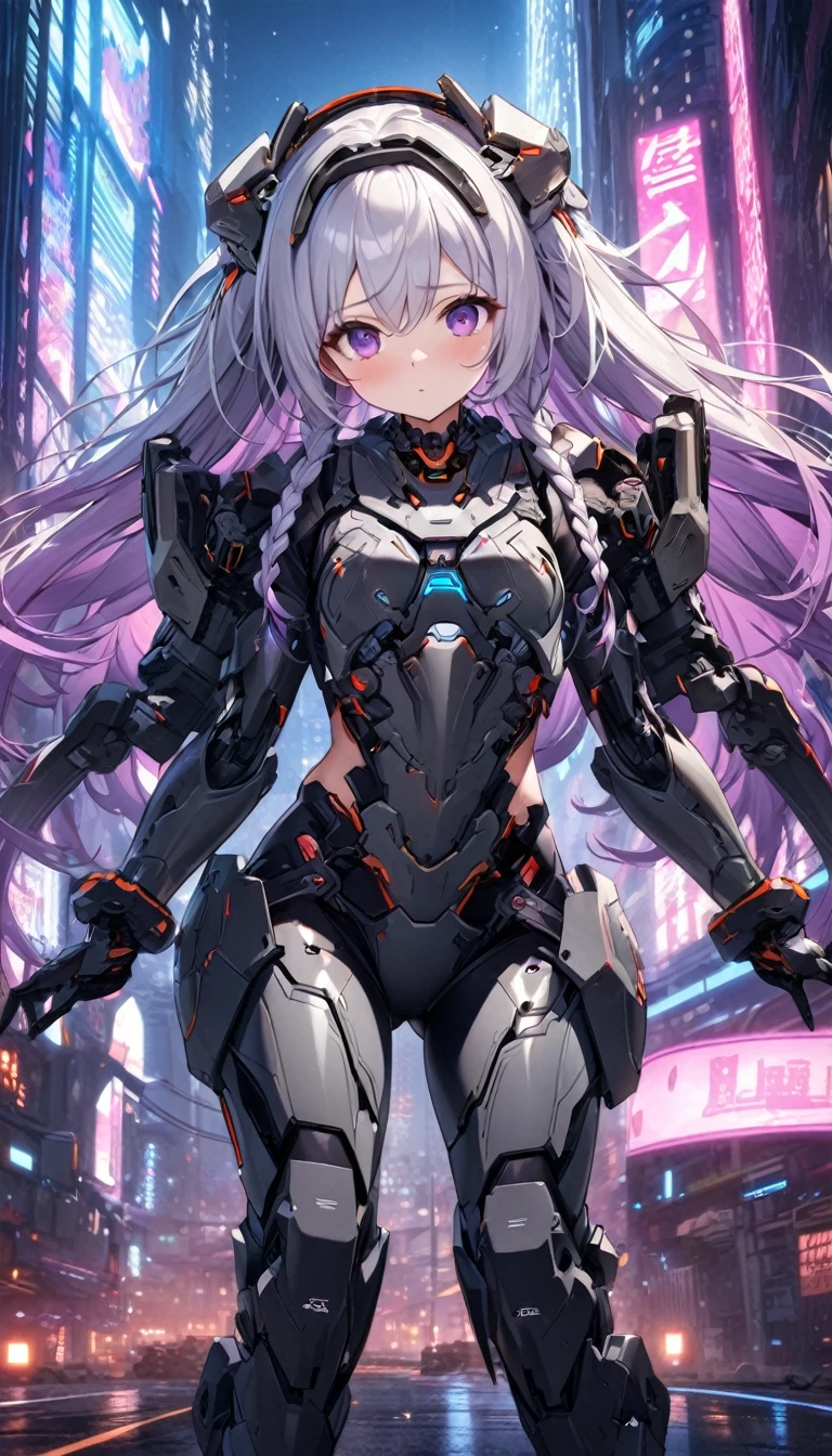 （high resolution，masterpiece，best quality，Extremely detailed CG）A young girl wearing an elaborate bone-enhanced exoskeleton armor，yinji, purple hair, purple eyes, long hair, white hair, double braids, gradient hair,Its well-made，Smooth and shiny, Has a complex mechanical design、Sharp Edges, (Skeleton powered suit：1.2),(Bone-enhanced exoskeleton suit：1.4),(Bone-type reinforced exoskeleton armor：1.2), The background is futuristic、dystopian cityscape，There are tall skyscrapers、Neon lights and gloomy cyberpunk atmosphere,