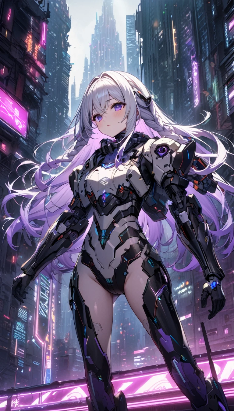 (high resolution,masterpiece,best quality,Extremely detailed CG)A young girl wearing an elaborate bone-enhanced exoskeleton armor,yinji, purple hair, purple eyes, long hair, white hair, double braids, gradient hair,Its well-made,Smooth and shiny, Has a complex mechanical design、Sharp Edges, (Skeleton powered suit:1.2),(Bone-enhanced exoskeleton suit:1.4),(Bone-type reinforced exoskeleton armor:1.2), The background is futuristic、dystopian cityscape,There are tall skyscrapers、Neon lights and gloomy cyberpunk atmosphere,