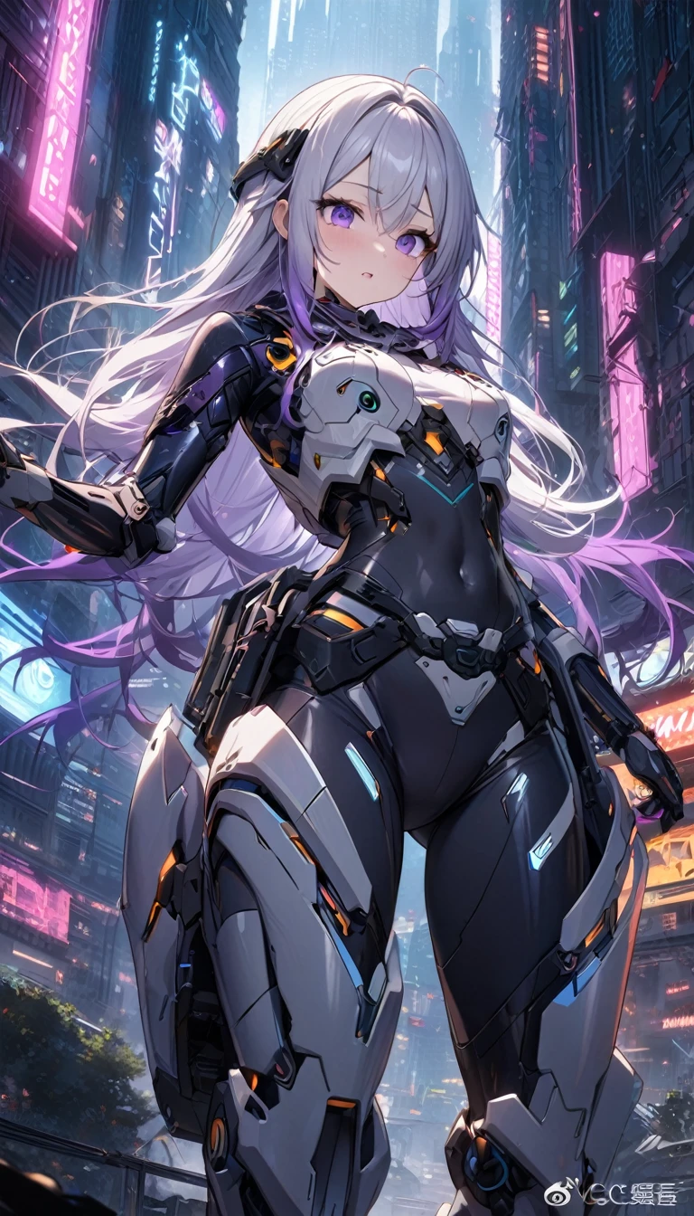 (high resolution,masterpiece,best quality,Extremely detailed CG)A young girl wearing an elaborate bone-enhanced exoskeleton armor,yinji, purple hair, purple eyes, long hair, white hair, double braids, gradient hair,Its well-made,Smooth and shiny, Has a complex mechanical design、Sharp Edges, (Skeleton powered suit:1.2),(Bone-enhanced exoskeleton suit:1.4),(Bone-type reinforced exoskeleton armor:1.2), The background is futuristic、dystopian cityscape,There are tall skyscrapers、Neon lights and gloomy cyberpunk atmosphere,