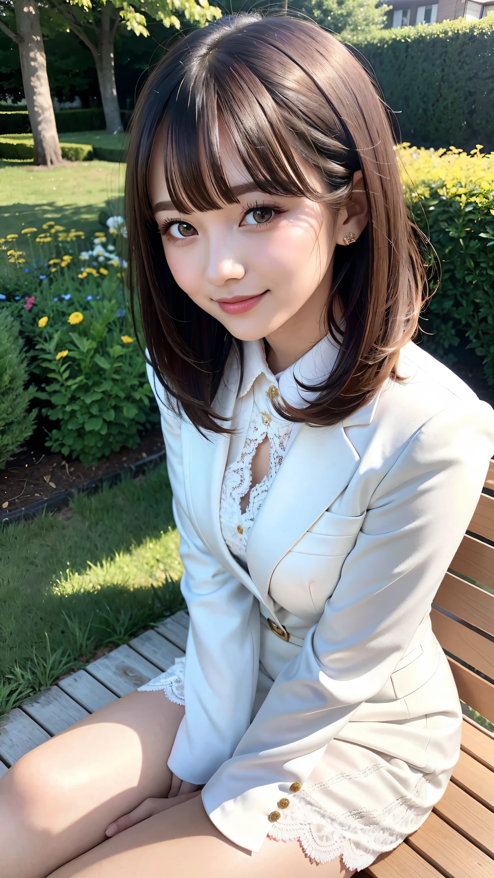 sunny day, Elegant photo of a girl in a blazer dress, (Puffy eyes:1.05), (White lace shirt), Platinum brown hair, (Angled Bob:1.4), Flat bangs, (Flowing hair), smile, Happy, happiness, Skin with attention to detail, Skin pores, A beautiful innocent symmetrical face, Long eyelashes, Black eyeliner, Light gold eyeshadow,(Sit on a bench), Crossed_feet, Emotional, Wind, garden, wood, Grass, masterpiece, highest quality, Realistic,Bobcut