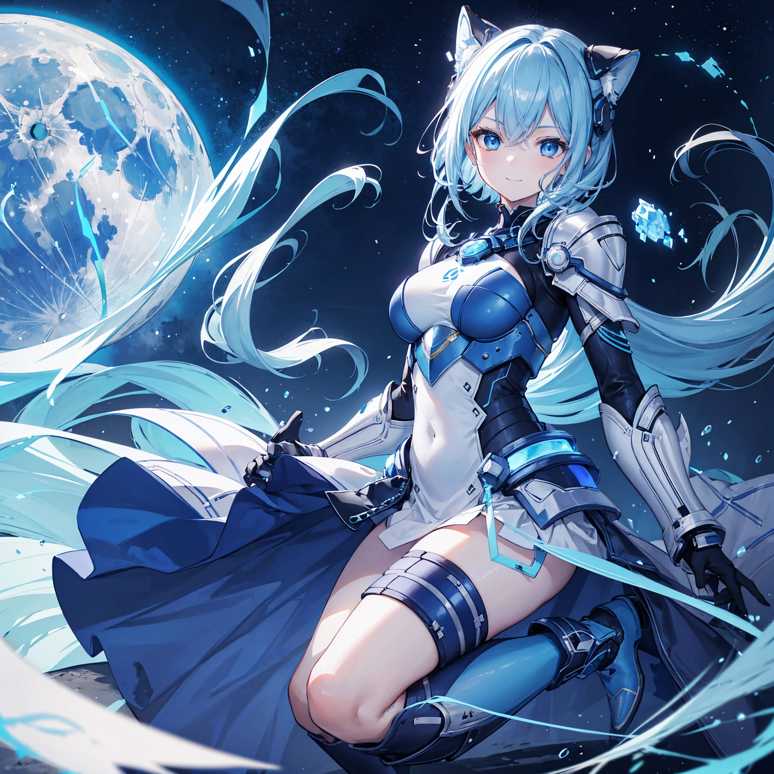 8k, highest quality, (real:1.4), Original photo, 1 girl, Asari Hair, Biological Amplifier, refined armor, posture: Peace talks between warring factions, smart blue eyes,A modest smile、Knee-high boots、Blue big moon and blue light swirl in the background、Blue light from behind、blue light magic