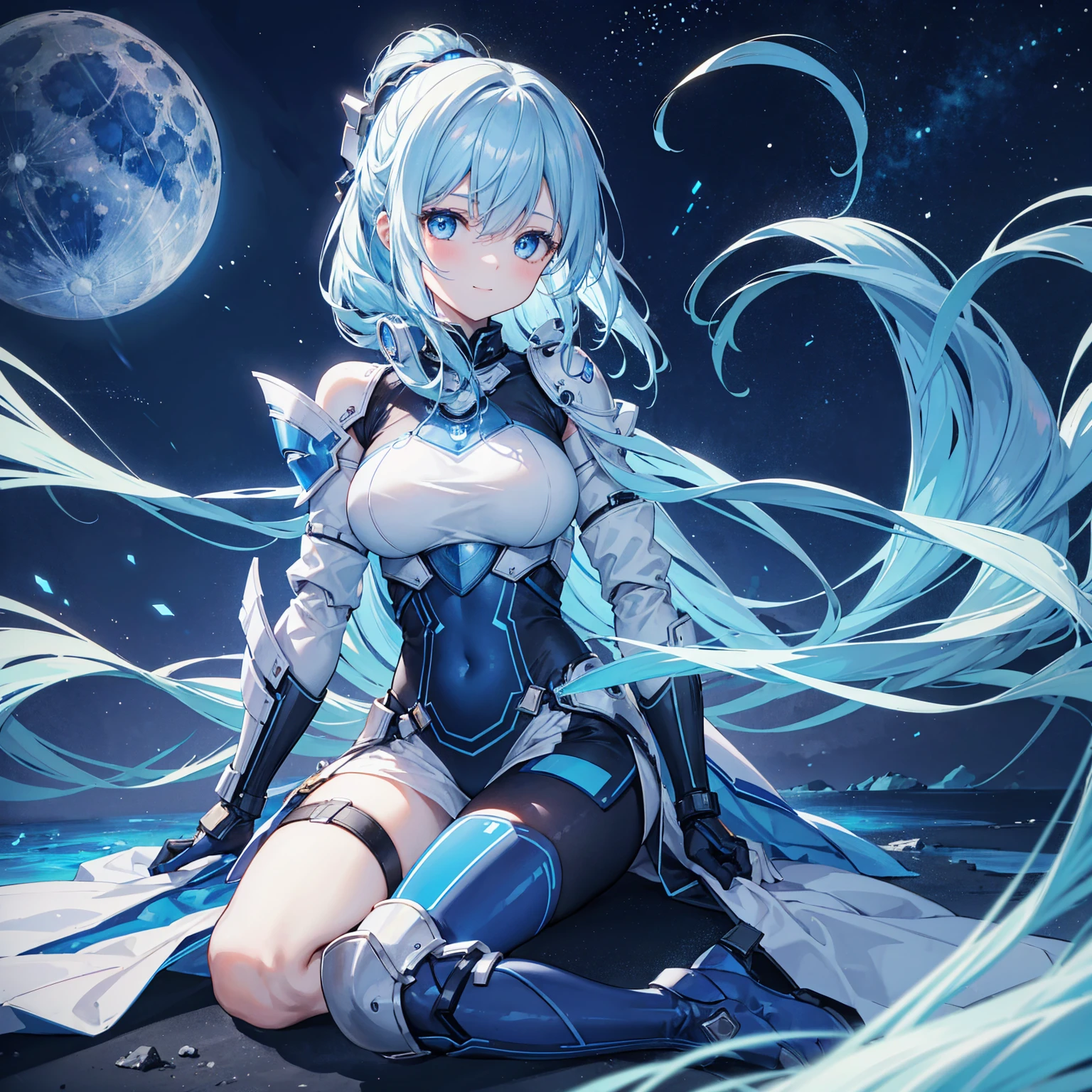 8k, highest quality, (real:1.4), Original photo, 1 girl, Asari Hair, Biological Amplifier, refined armor, posture: Peace talks between warring factions, smart blue eyes,A modest smile、Knee-high boots、Blue big moon and blue light swirl in the background、Blue light from behind、blue light magic