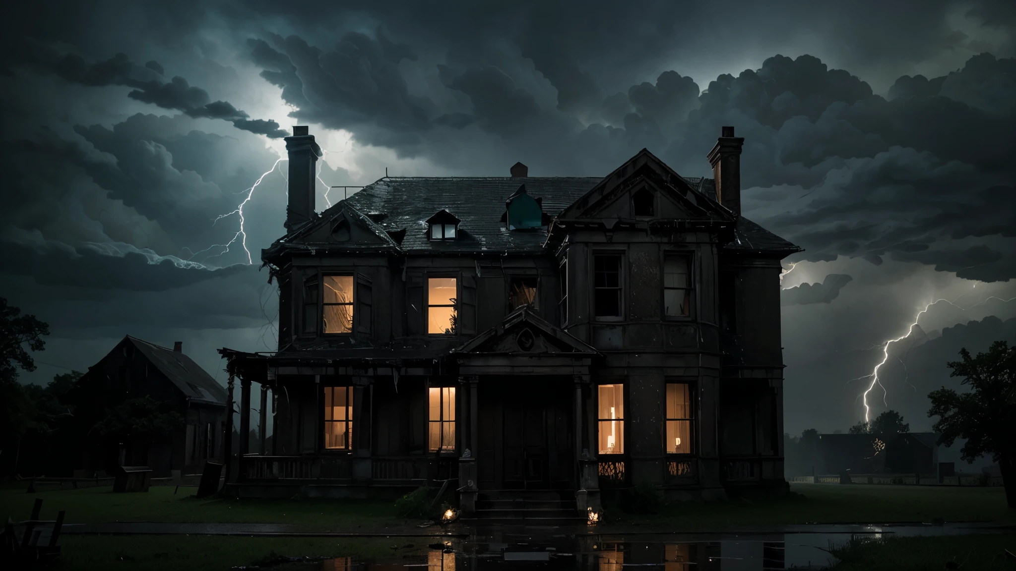 Scene 1: A spine-chilling intro
Setting: A dark and stormy night. Rain lashes against the crumbling facade of a large, abandoned mansion. Lightning flashes, briefly illuminating broken windows and a rickety wooden door.
Sound: Howling wind, crashing thunder, and the creaking of the old house.