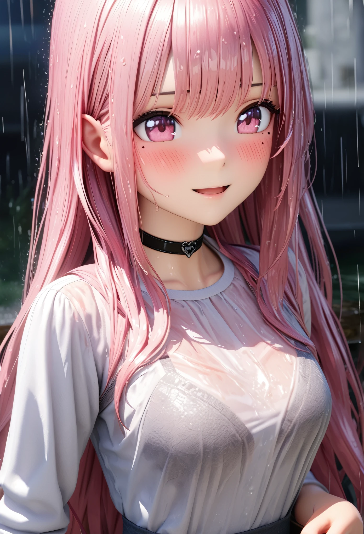 masterpiece, best quality, very detailed, high resolution, expensive resolution, high resolution, 4K, 8k, Unity 8k wallpaper, highly detailed CG, masterpiece, 2D, 3D, beautiful details, depth, fine texture, best quality: 1.3, perfect focus, clear skin, him,
very cute anime girl, (bra visible through white blouse wet from pouring rain), large breasts, expensive pink medium long hair, one girl, rain, (raindrops dripping from soaking wet hair, bra visible through thin blouse wet from rain), mole under eye, (smiling slightly embarrassed at boyfriend), expensive, blush, mole, open lips,, heart, pink eyes, choker