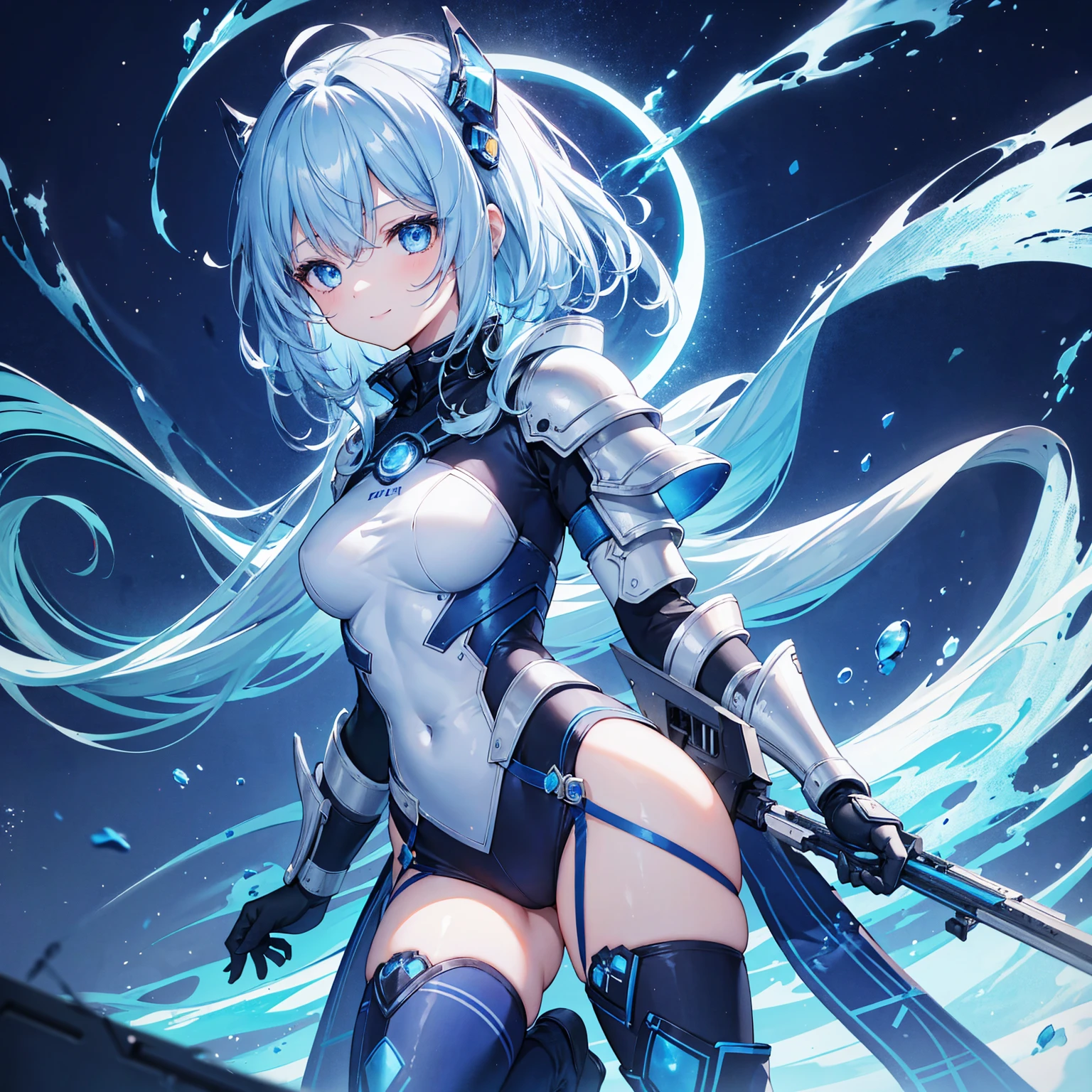 8k, highest quality, (real:1.4), Original photo, 1 girl, Asari Hair, Biological Amplifier, refined armor, posture: Peace talks between warring factions, smart blue eyes,A modest smile、Knee-high boots、Blue big moon and blue light swirl in the background、Blue light from behind、blue light magic