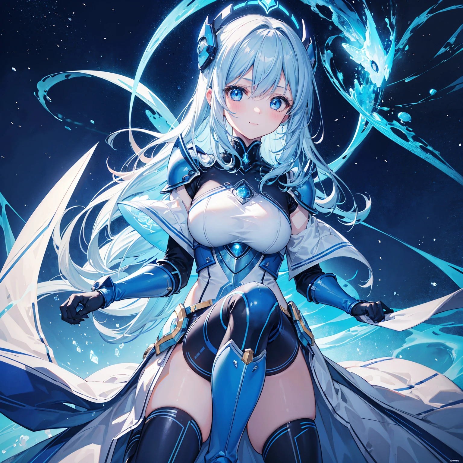 8k, highest quality, (real:1.4), Original photo, 1 girl, Asari Hair, Biological Amplifier, refined armor, posture: Peace talks between warring factions, smart blue eyes,A modest smile、Knee-high boots、Blue big moon and blue light swirl in the background、Blue light from behind、blue light magic