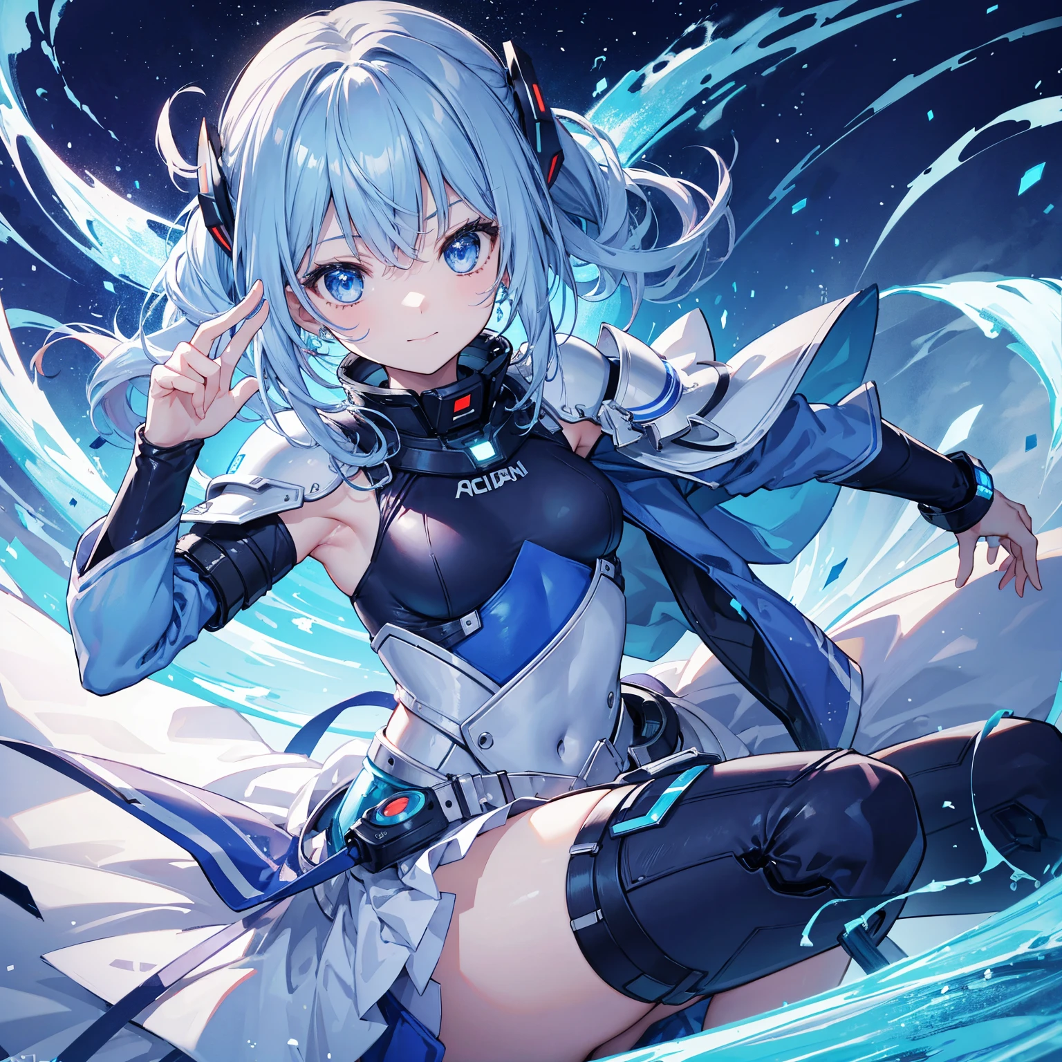 8k, highest quality, (real:1.4), Original photo, 1 girl, Asari Hair, Biological Amplifier, refined armor, posture: Peace talks between warring factions, smart blue eyes,A modest smile、Knee-high boots、Blue big moon and blue light swirl in the background、Blue light from behind、blue light magic